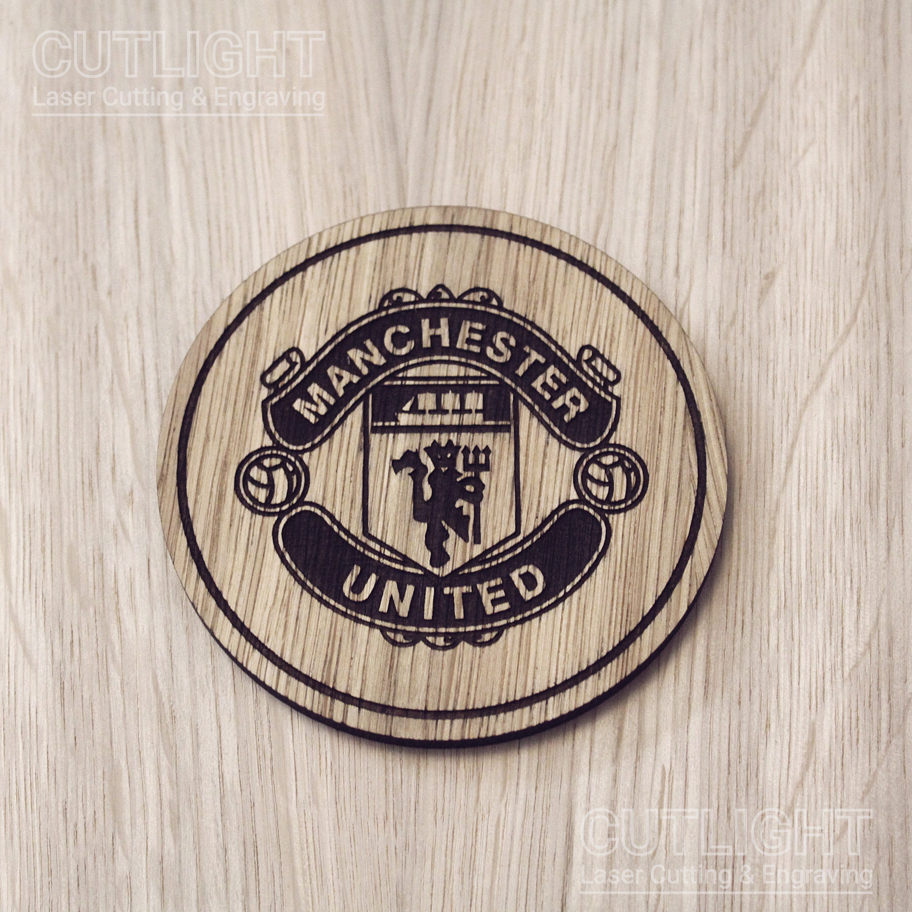 Laser cut wooden coaster. Manchester United