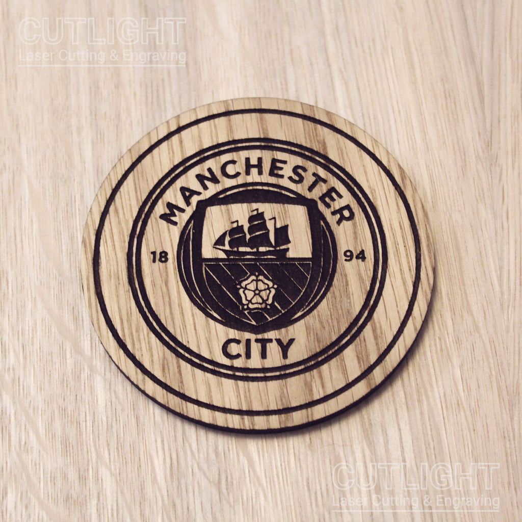 Laser cut wooden coaster. Manchester City