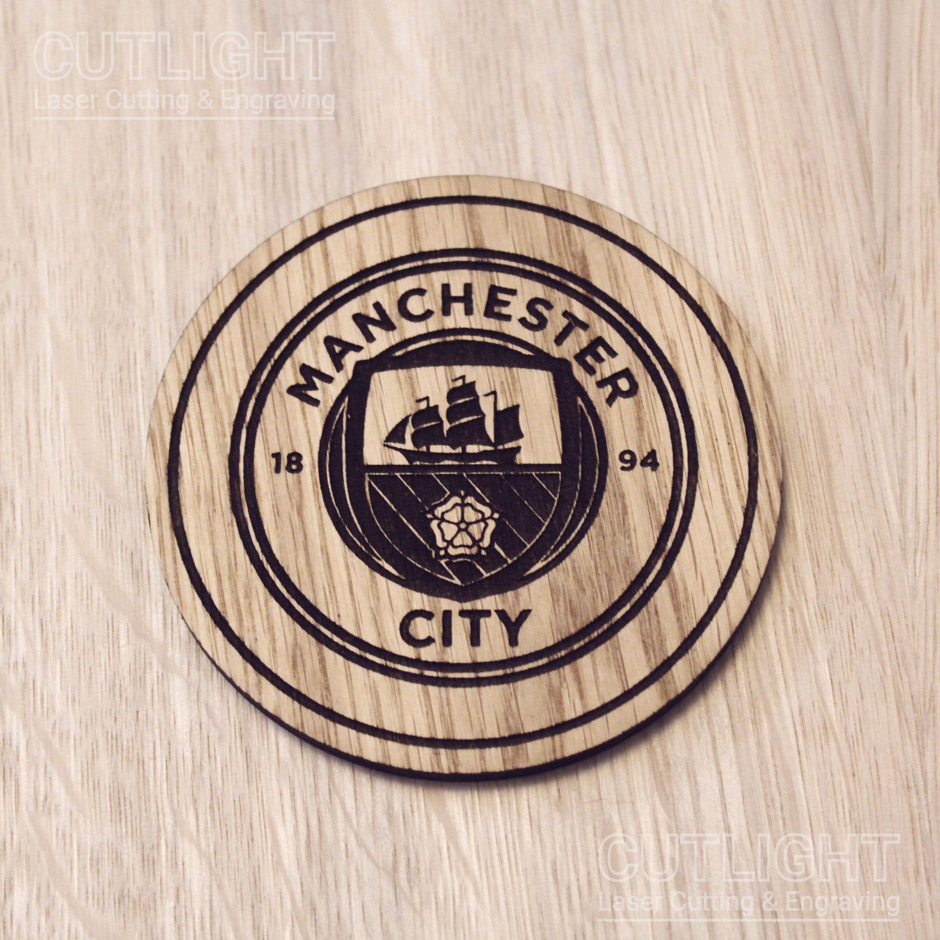 Laser cut wooden coaster. Manchester City