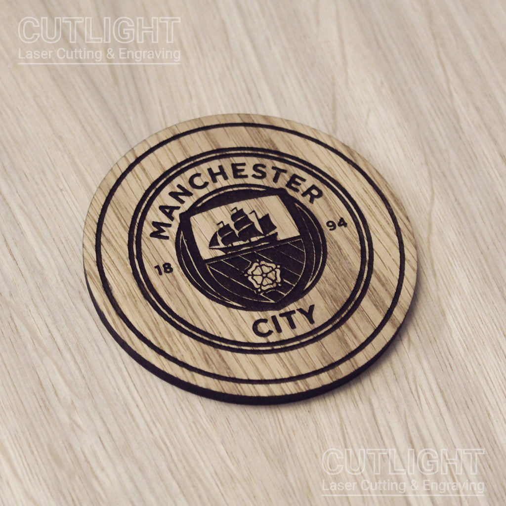 Laser cut wooden coaster. Manchester City