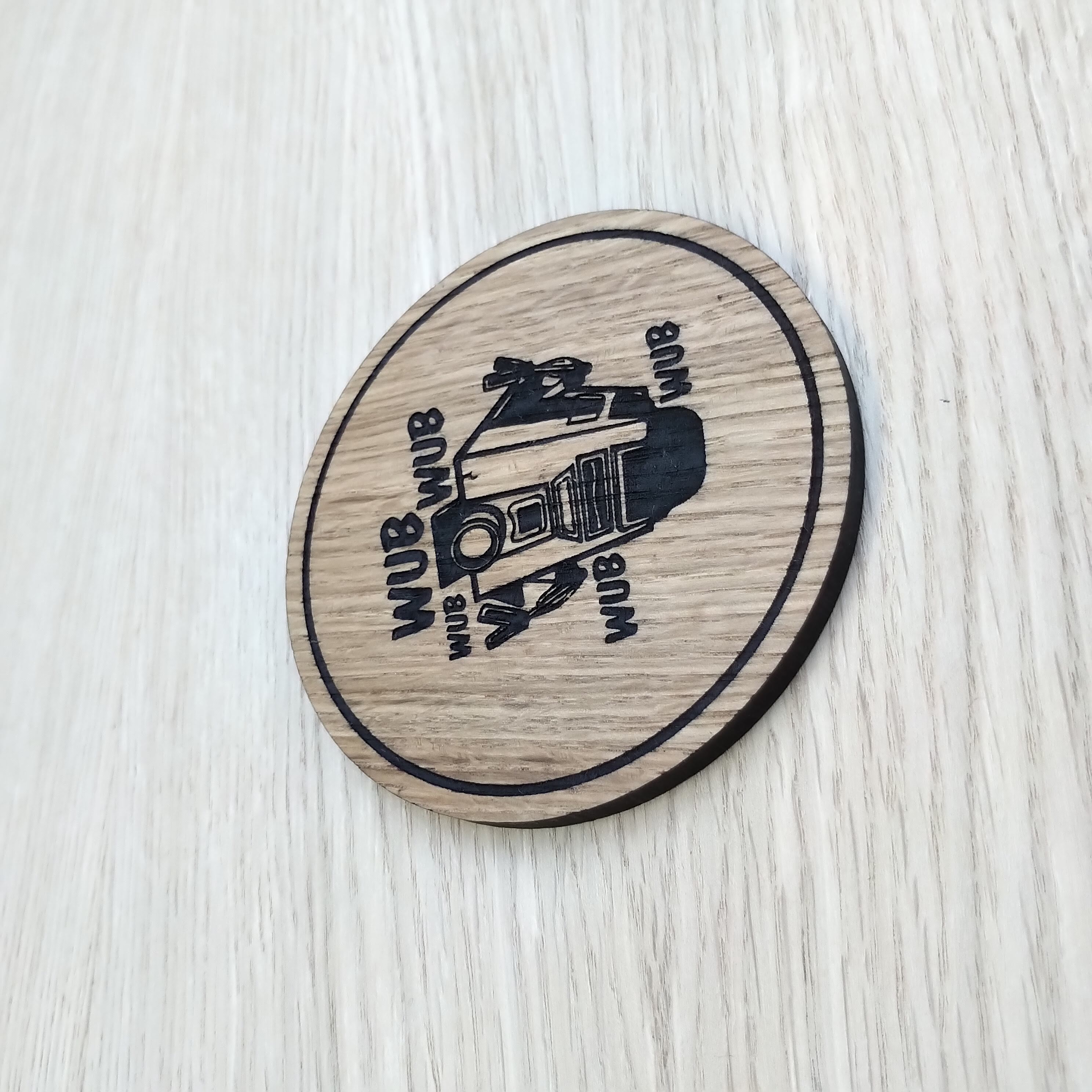 Laser cut wooden coaster personalised. Claptrap dancing