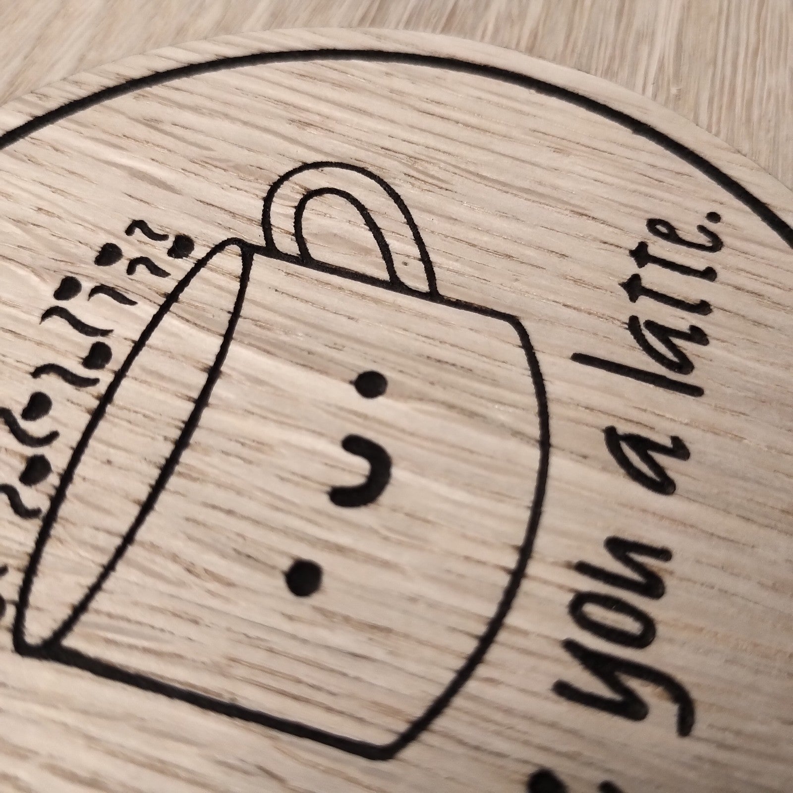Laser cut wooden coaster personalised. Latte Love pun