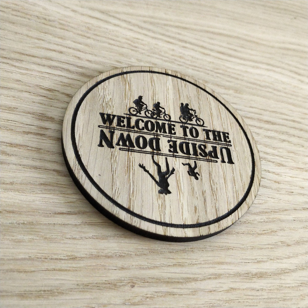 Laser cut wooden coaster personalised. Upside Down