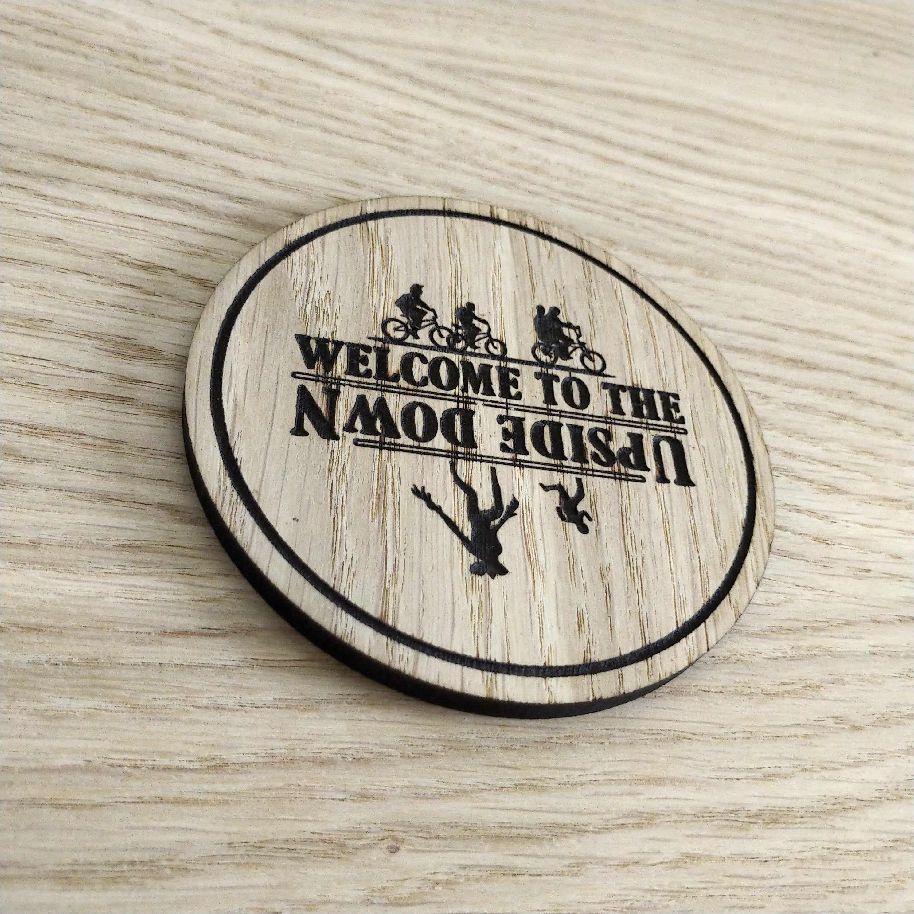 Laser cut wooden coaster personalised. Upside Down