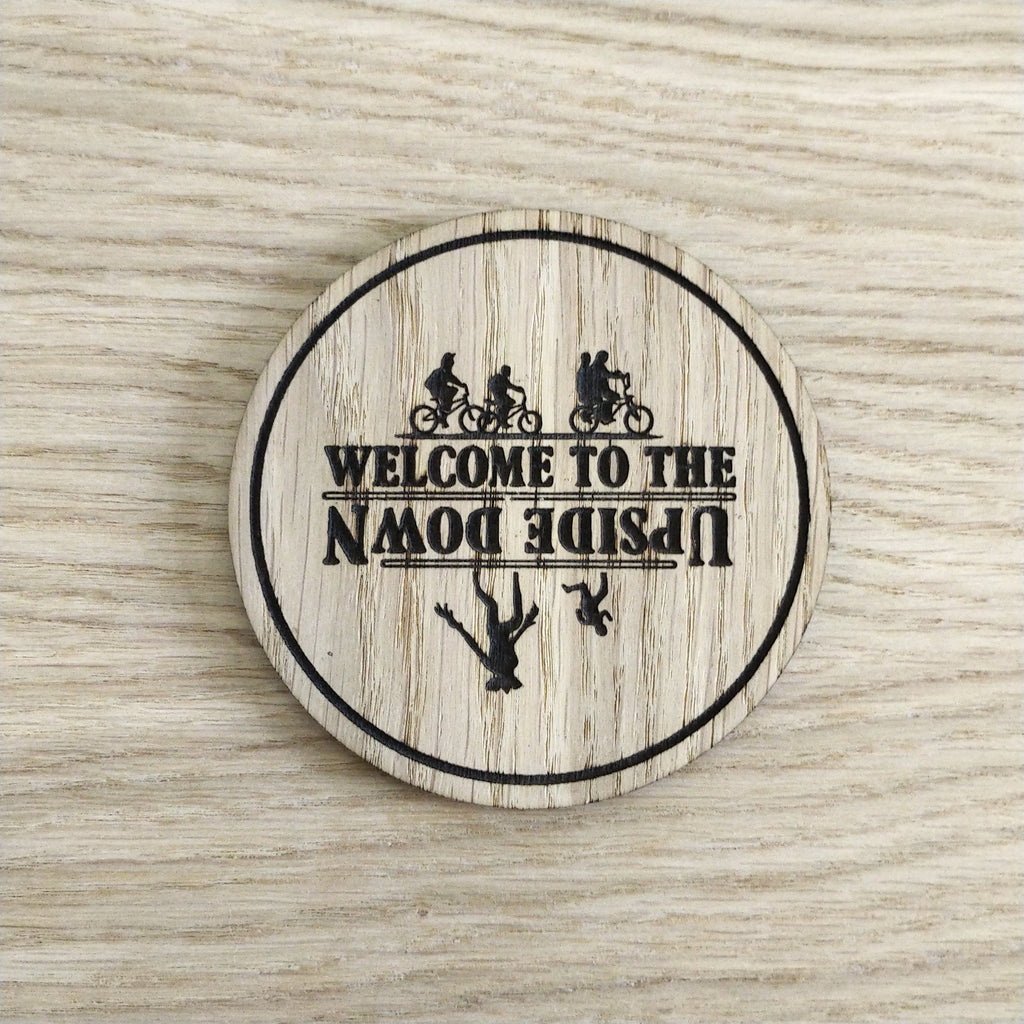 Laser cut wooden coaster personalised. Upside Down