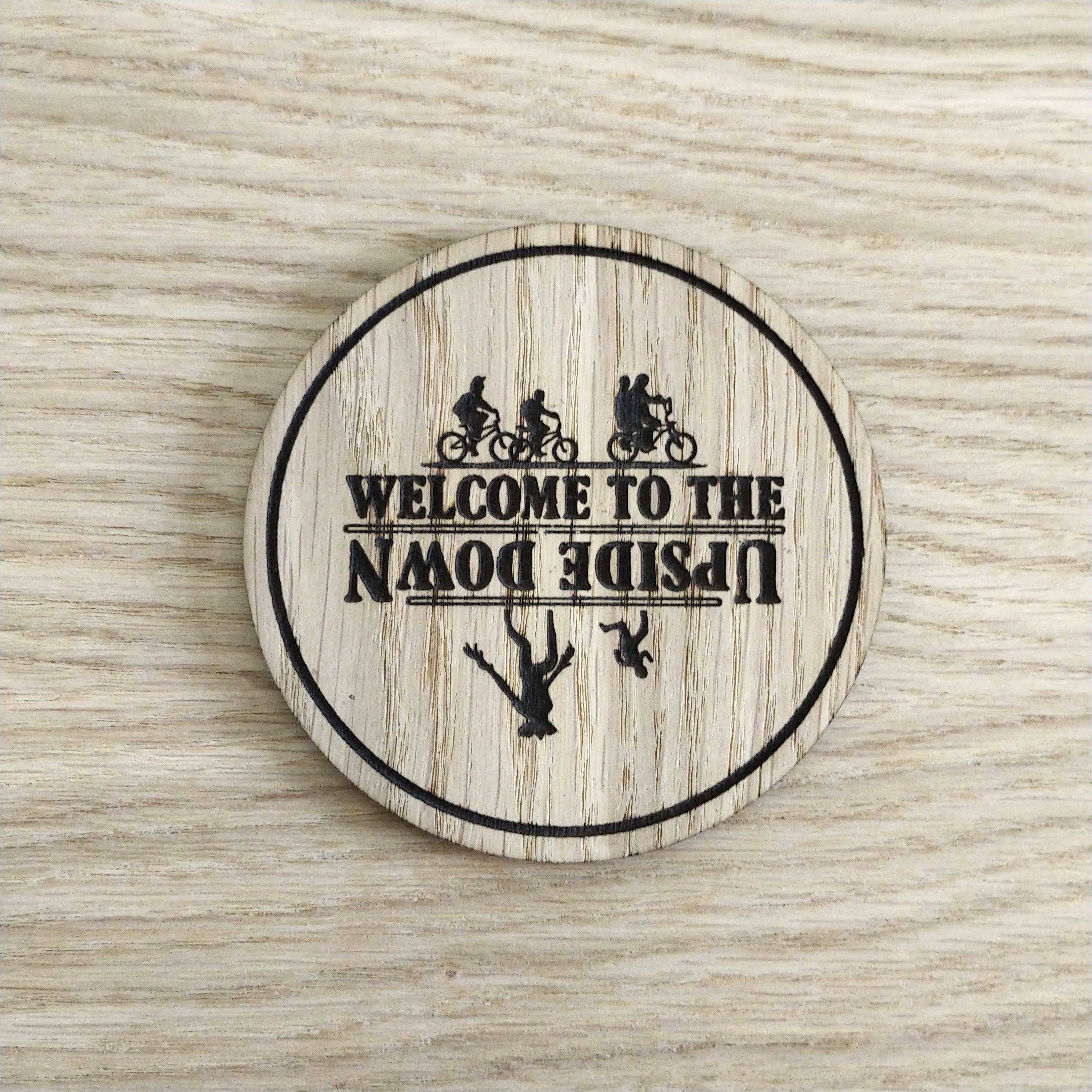 Laser cut wooden coaster personalised. Upside Down