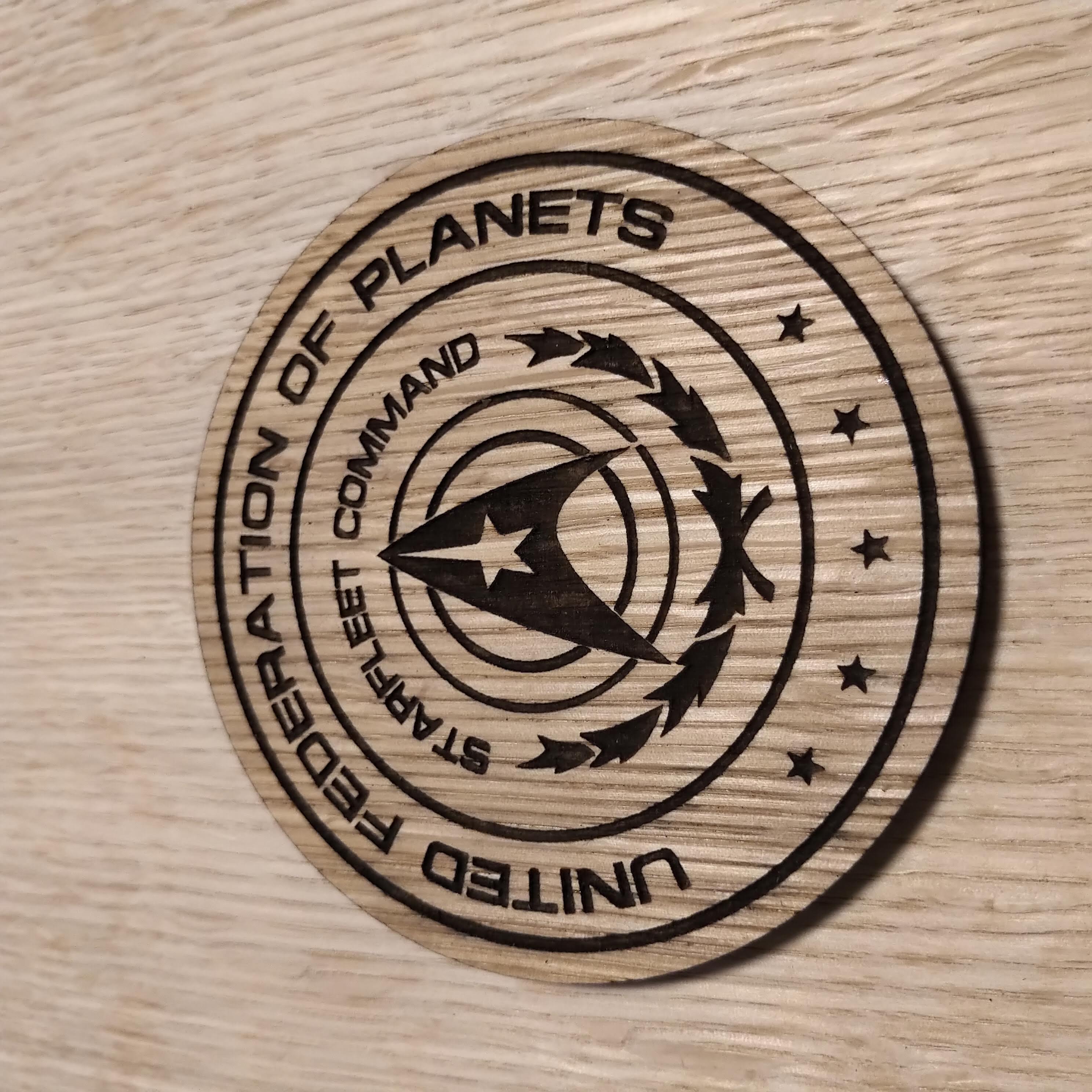 Laser cut wooden coaster personalised. Federation of Planets