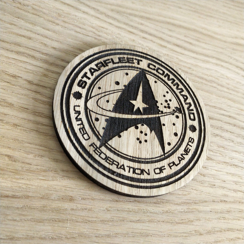 Laser cut wooden coaster personalised.  Starfleet Command