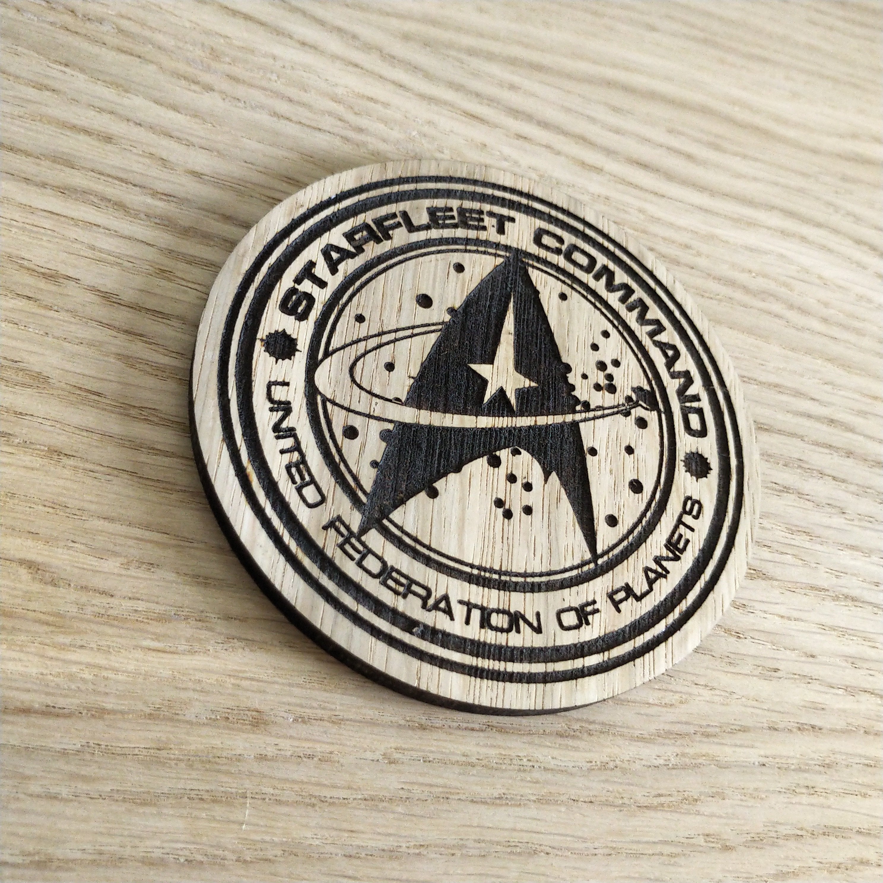Laser cut wooden coaster personalised.  Starfleet Command