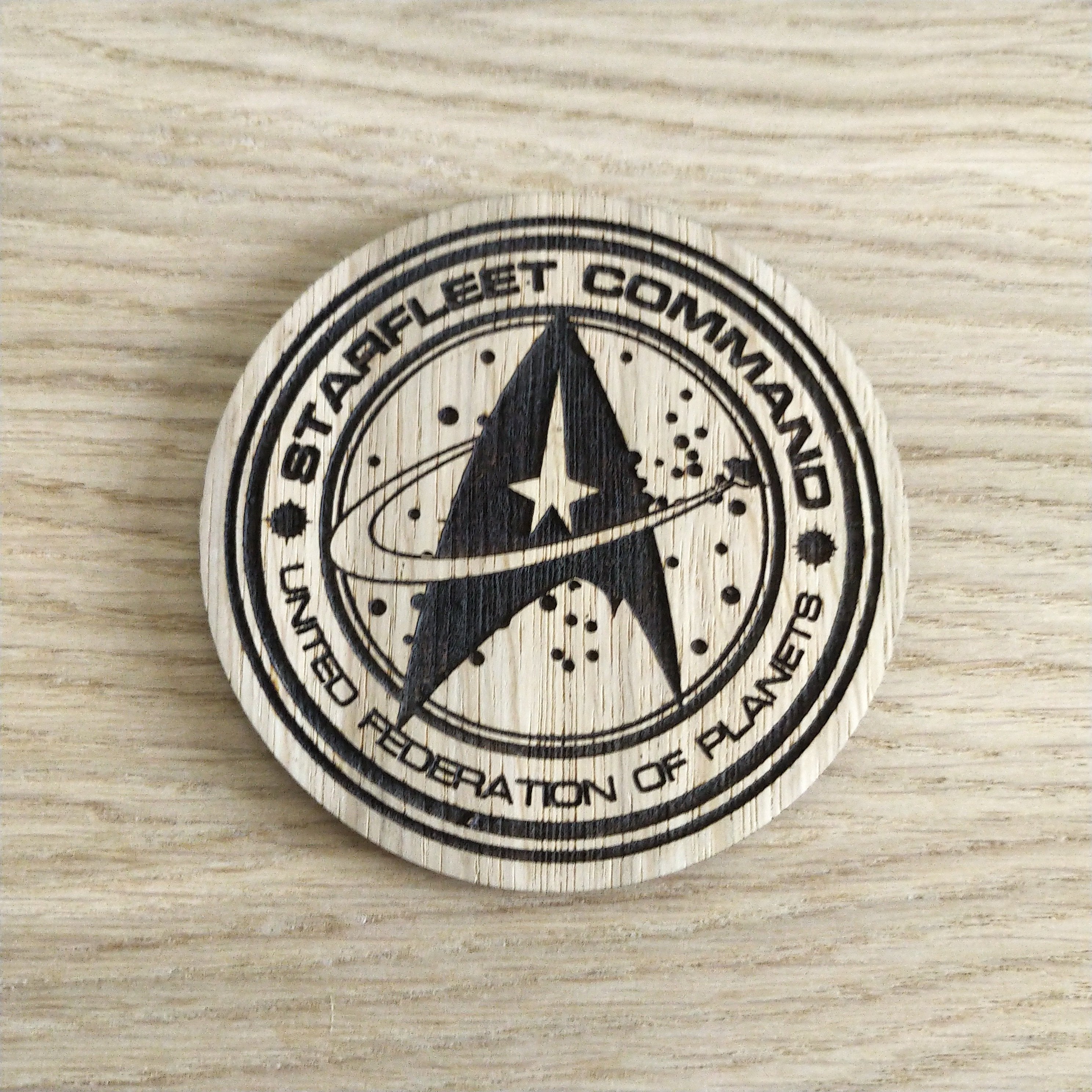 Laser cut wooden coaster personalised.  Starfleet Command