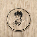 Laser cut wooden coaster personalised. Boy wizard portrait