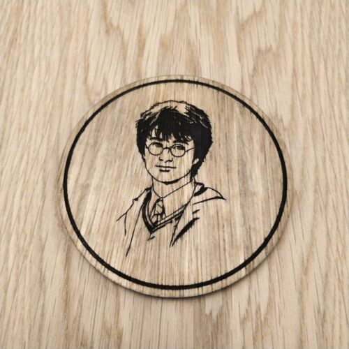 Laser cut wooden coaster personalised. Boy wizard portrait