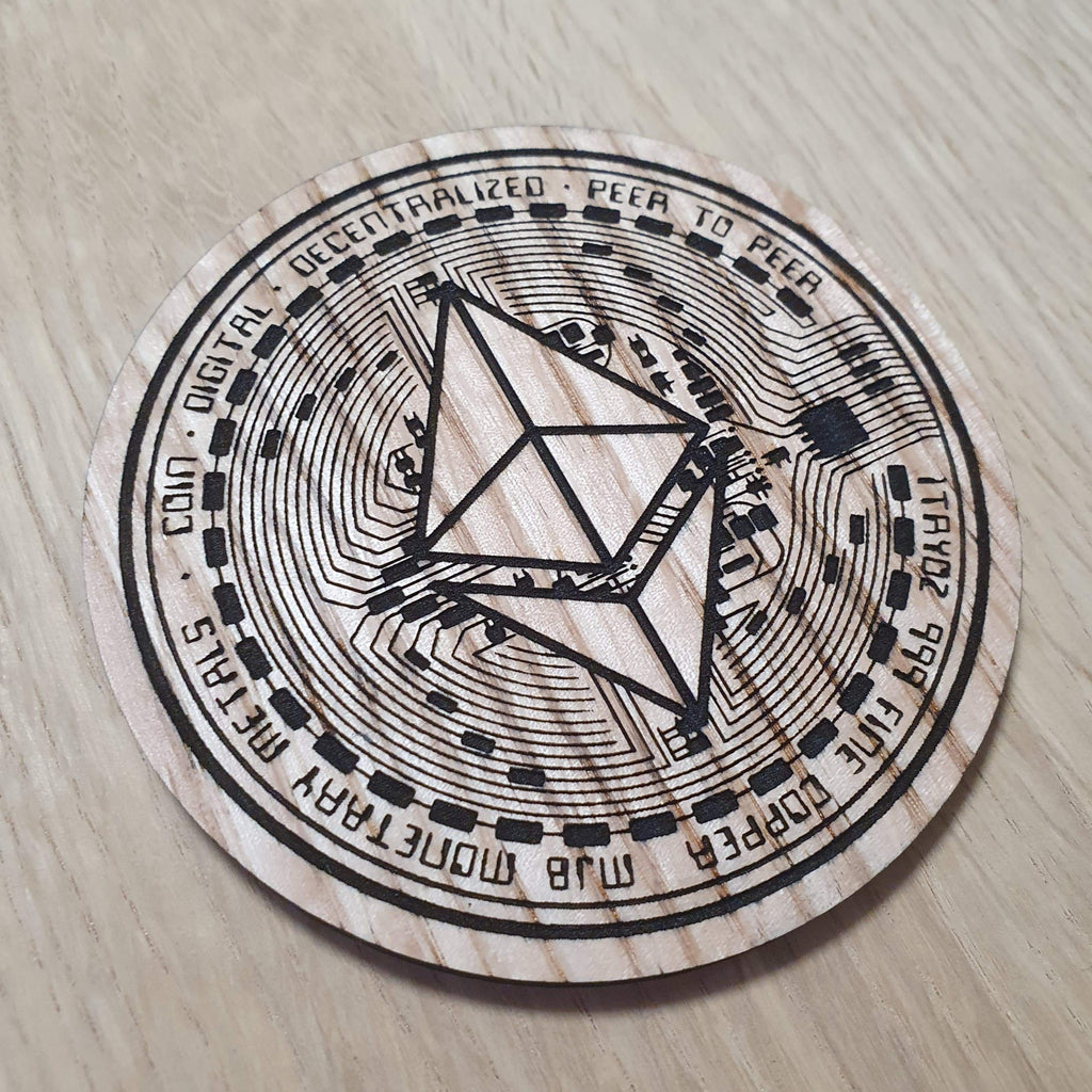 Laser cut wooden coaster personalised. ETH Ethereum Coin Cryptocurrency