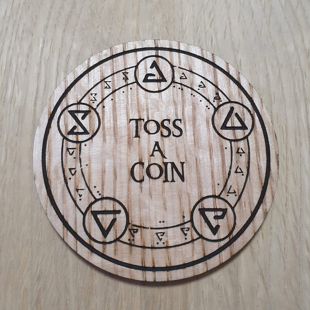 Laser cut wooden coaster personalised. Witcher Toss a coin