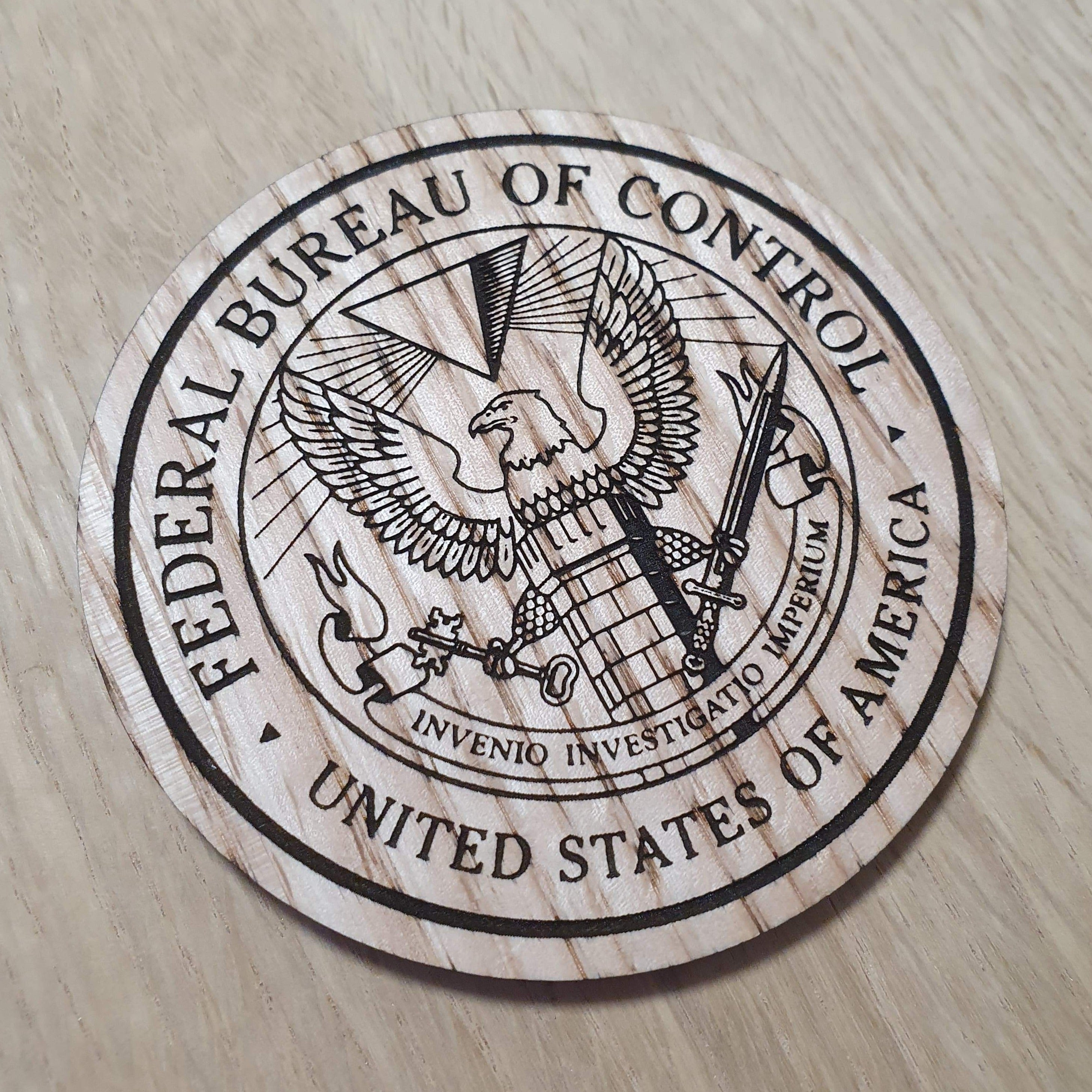 Laser cut wooden coaster personalised. Bureau of Control