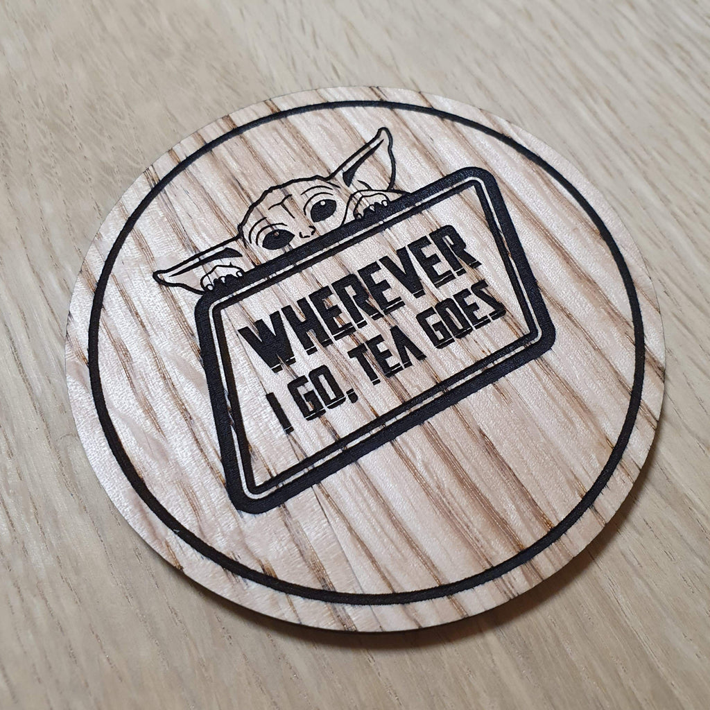 Laser cut wooden coaster personalised. The Child Tea Pun