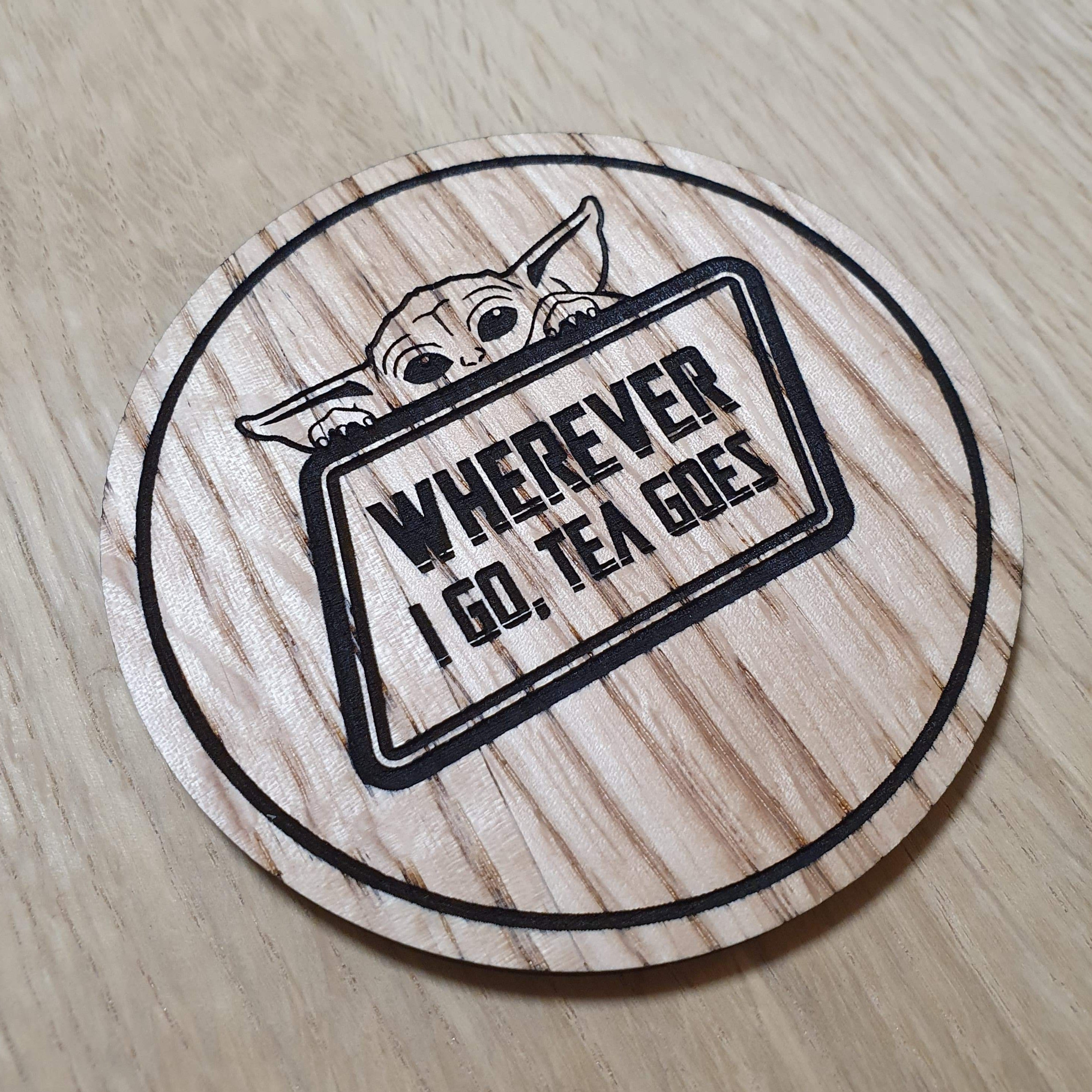 Laser cut wooden coaster personalised. The Child Tea Pun