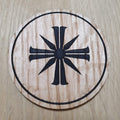 Laser cut wooden coaster. Eden Gate cult cross