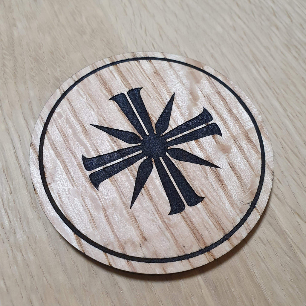 Laser cut wooden coaster. Eden Gate cult cross