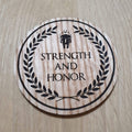 Laser cut wooden coaster personalised. Gladiator Strength and Honor Honour