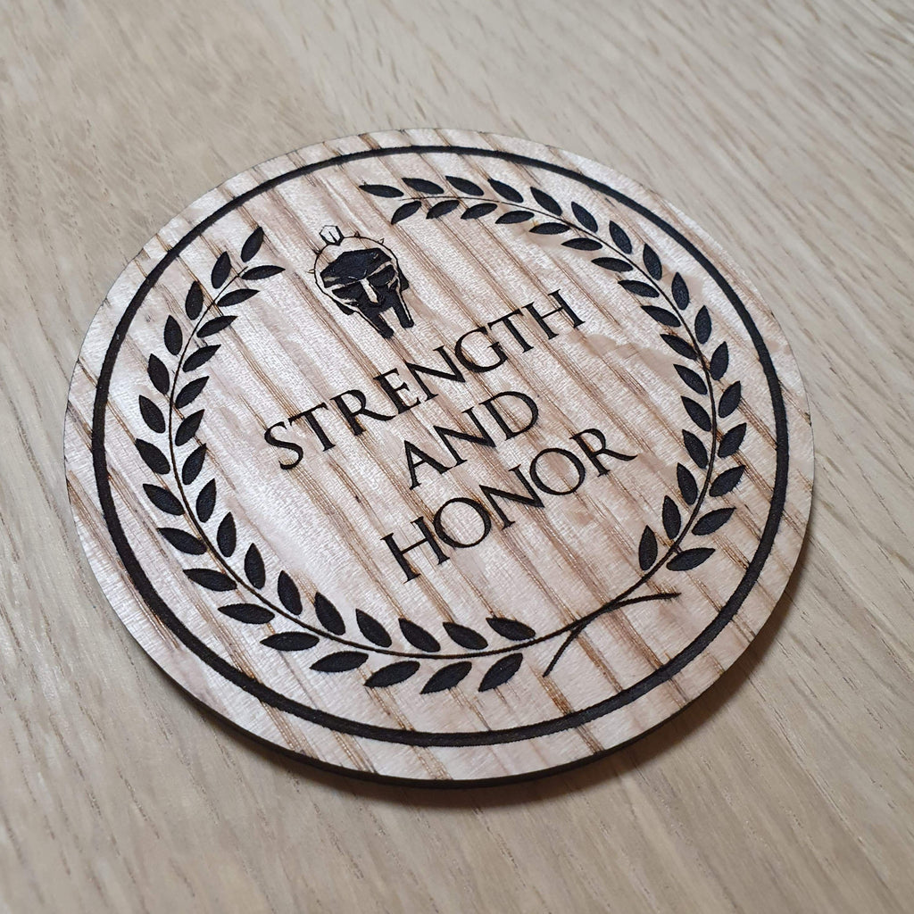 Laser cut wooden coaster personalised. Gladiator Strength and Honor Honour
