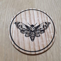 Laser cut wooden coaster personalised. Death Moth