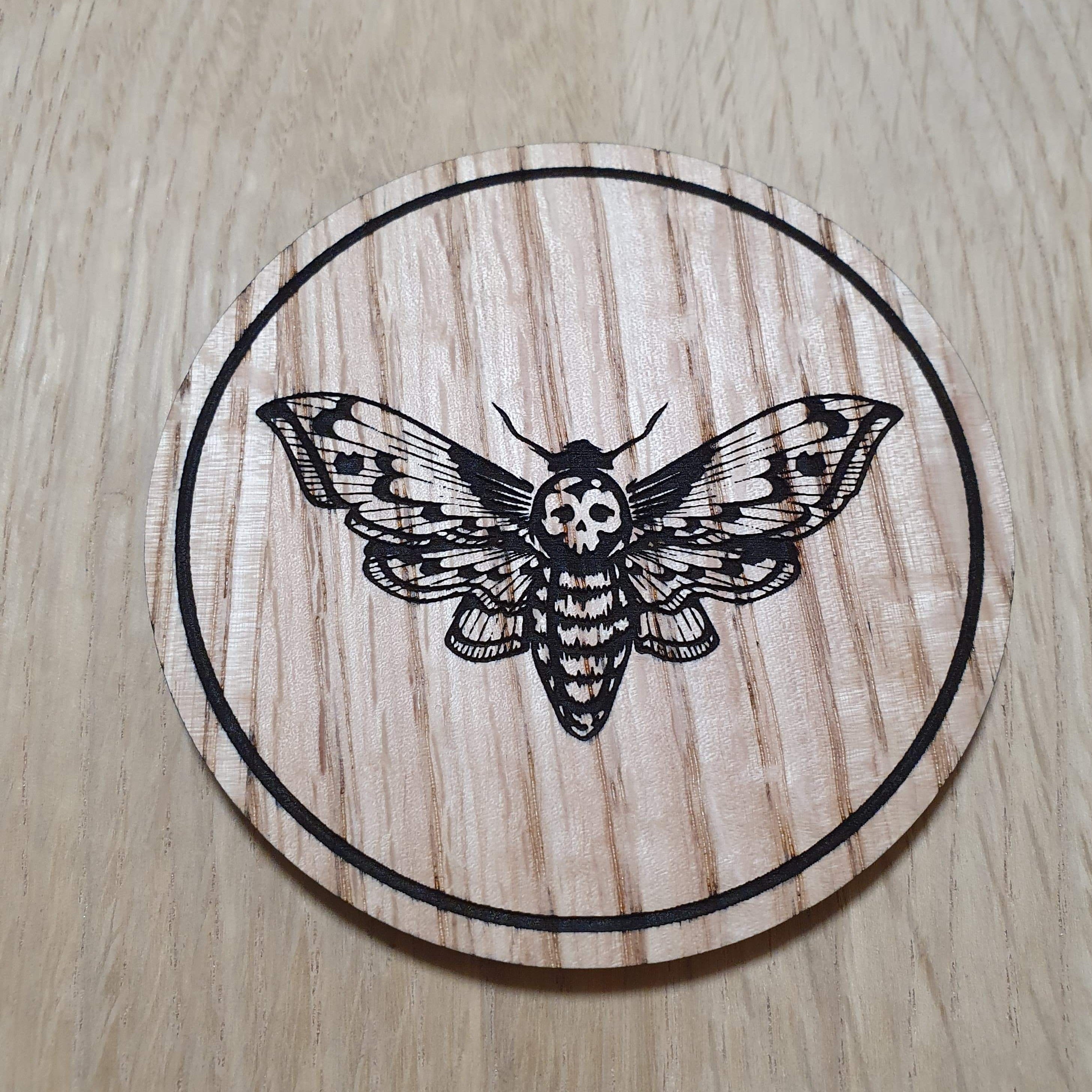 Laser cut wooden coaster personalised. Death Moth