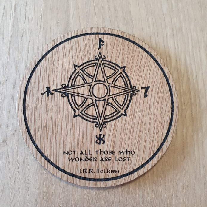 Laser cut wooden coaster personalised. Lord of the rings LOTR Compass Tolkien Quote - All those who wonder
