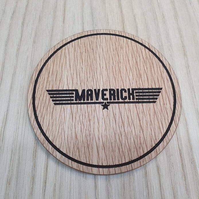 Laser cut wooden coaster personalised. Call sign Maverick