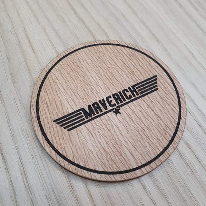 Laser cut wooden coaster personalised. Call sign Maverick