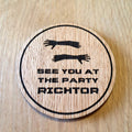 Laser cut wooden coaster personalised.  Total Recall Richtor Party Quote