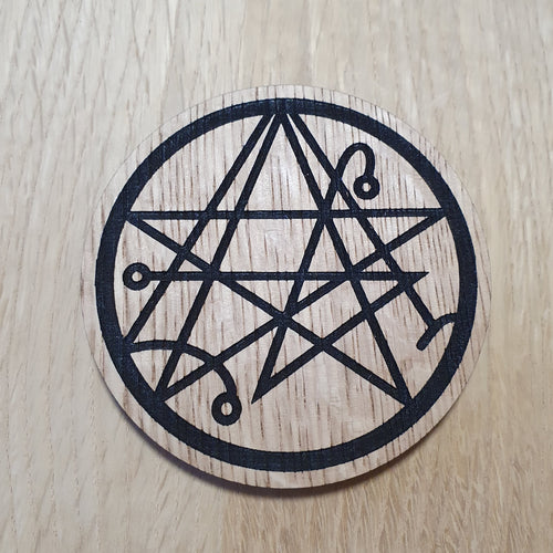Laser cut wooden coaster personalised.  Arkham Horror Necronomicon symbol