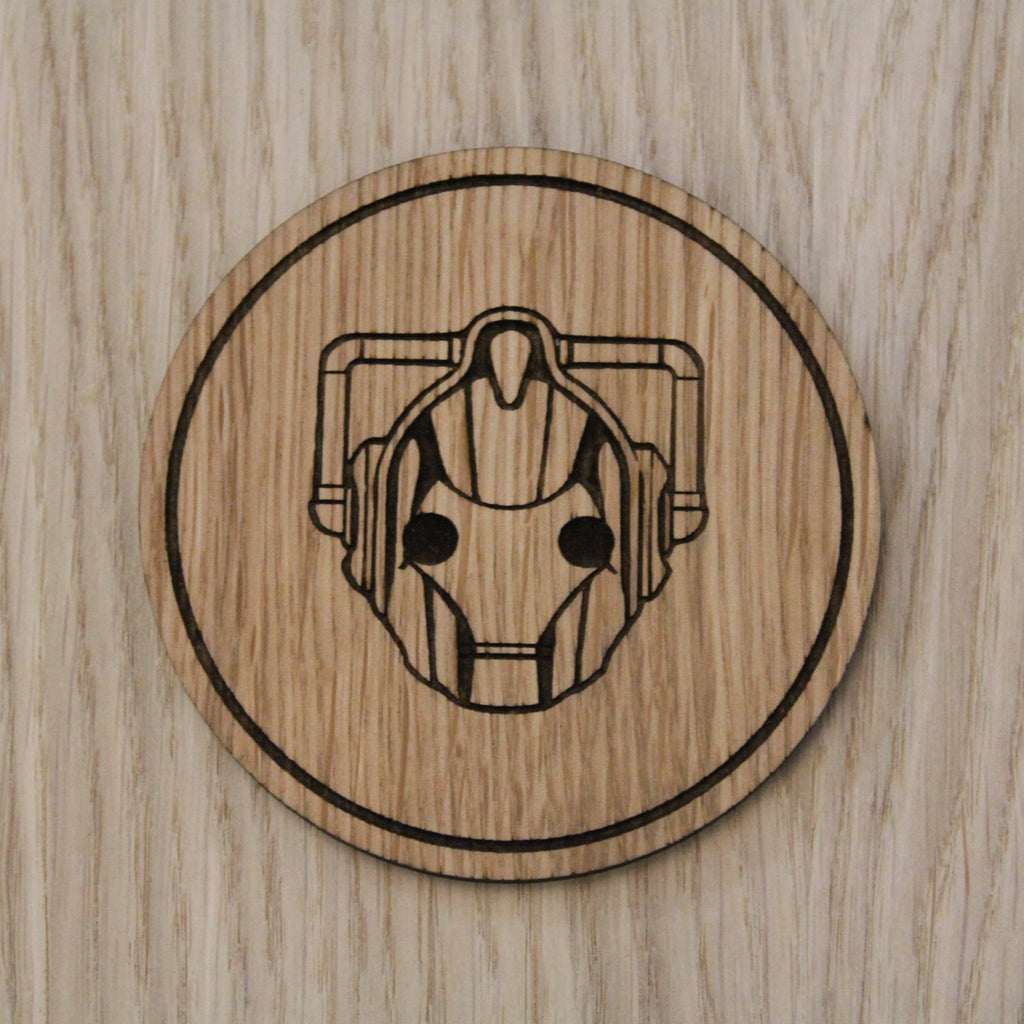 Laser cut wooden coaster. Cyberman