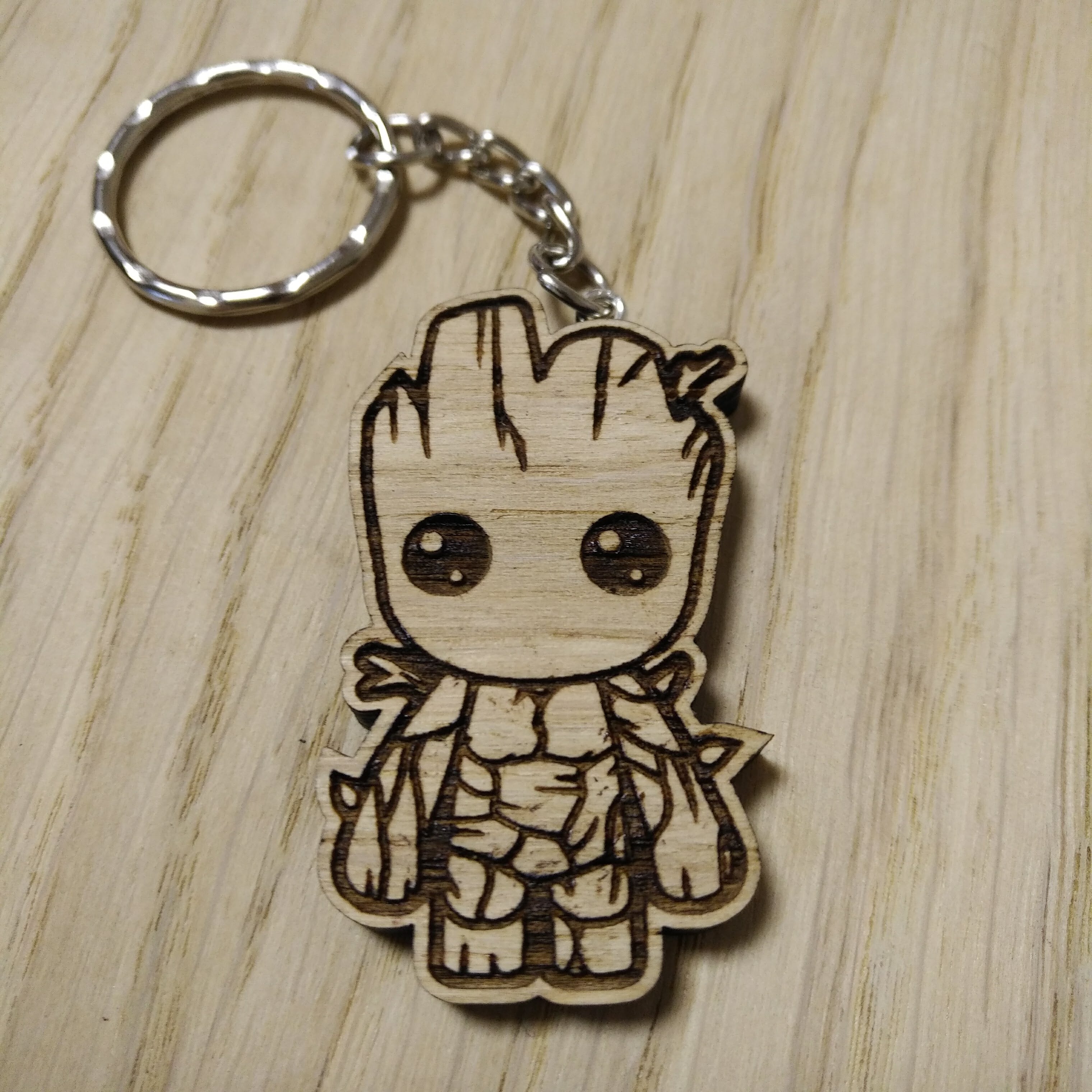 Lasercut wooden keyring keychain. Cute baby groot
