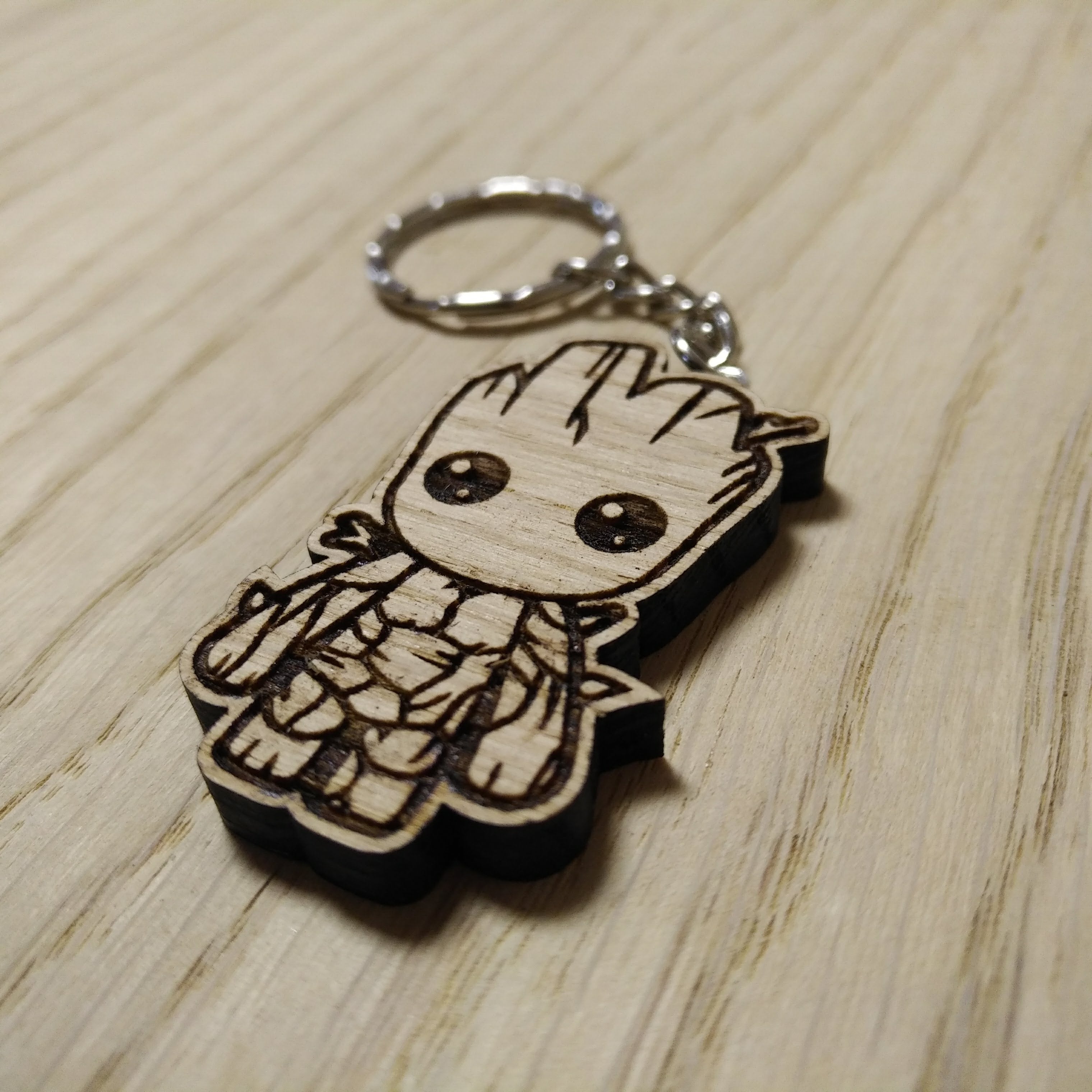 Lasercut wooden keyring keychain. Cute baby groot