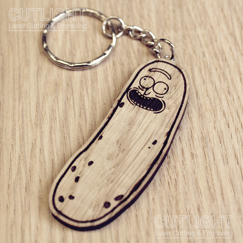 Lasercut wooden keyring keychain.  Pickle Rick