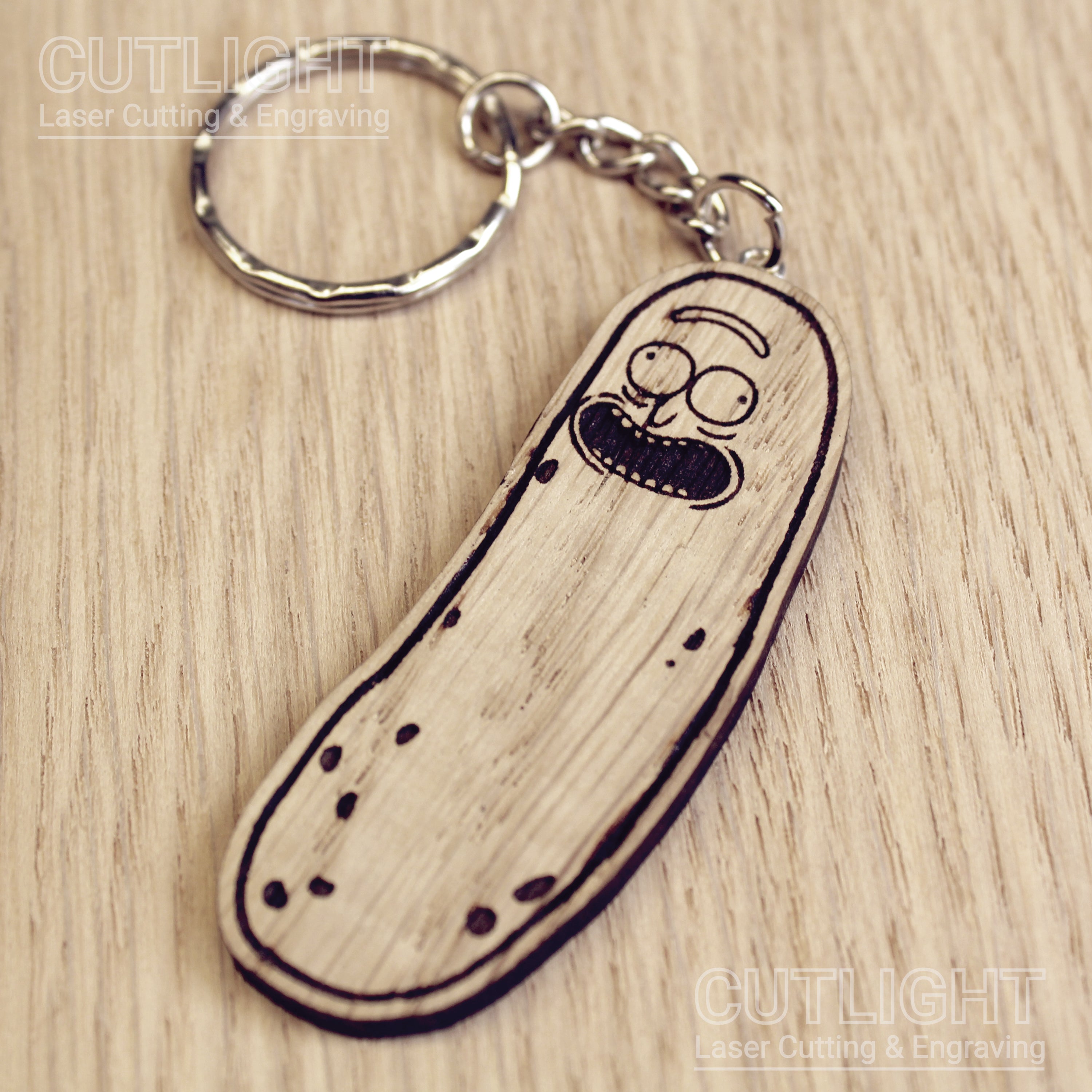 Lasercut wooden keyring keychain.  Pickle Rick