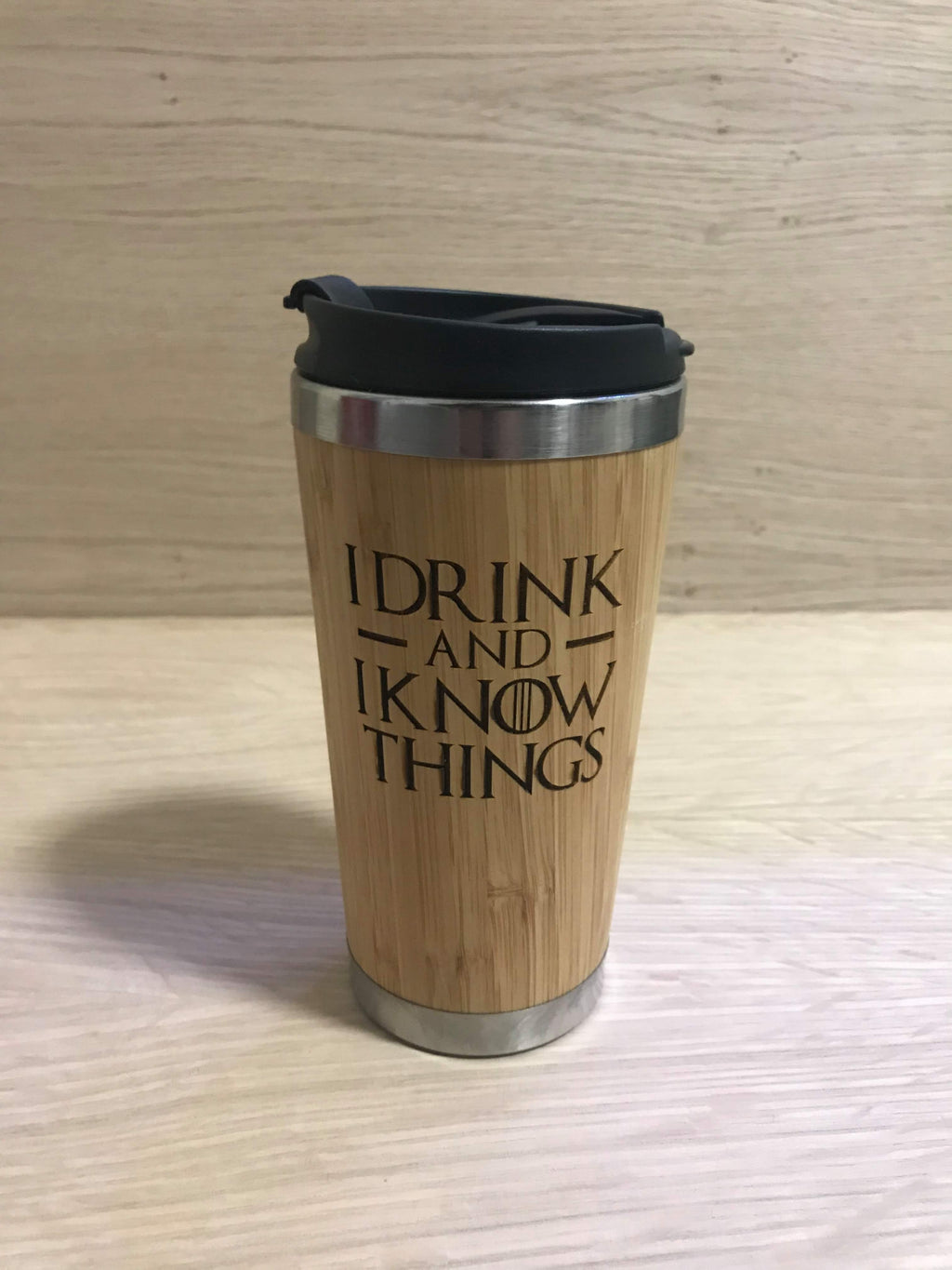 Lasercut Travel Mug personalised - S-Steel with 100% Bamboo exterior -  I Drink and I Know Things