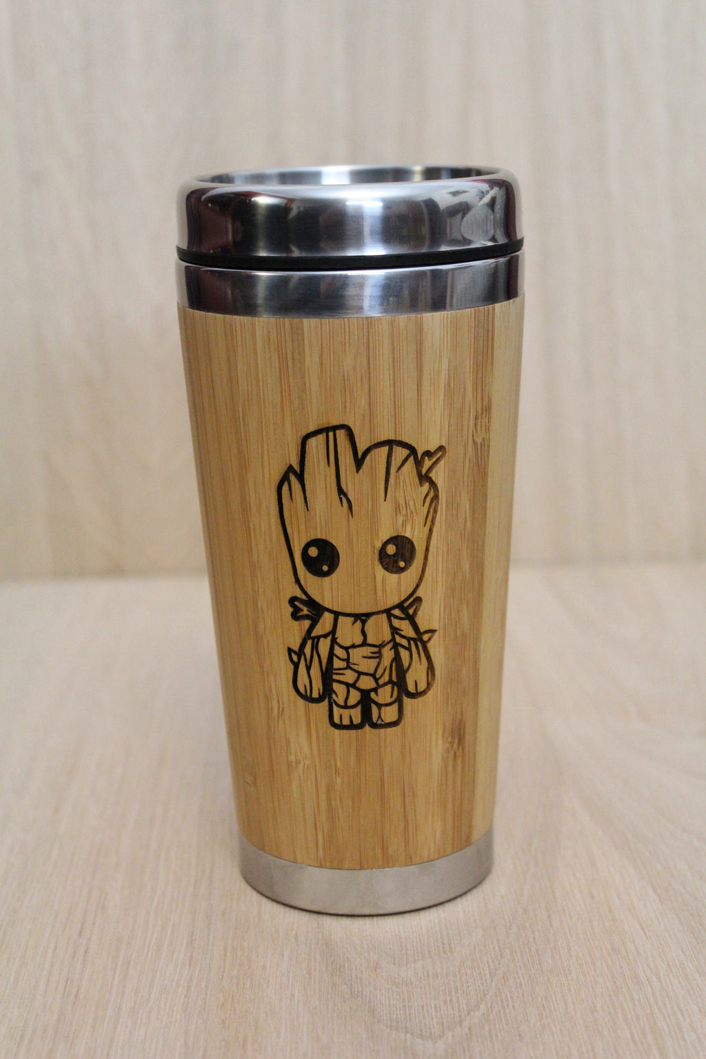 Lasercut Travel Mug   - S-Steel with 100% Bamboo exterior - Baby Groot