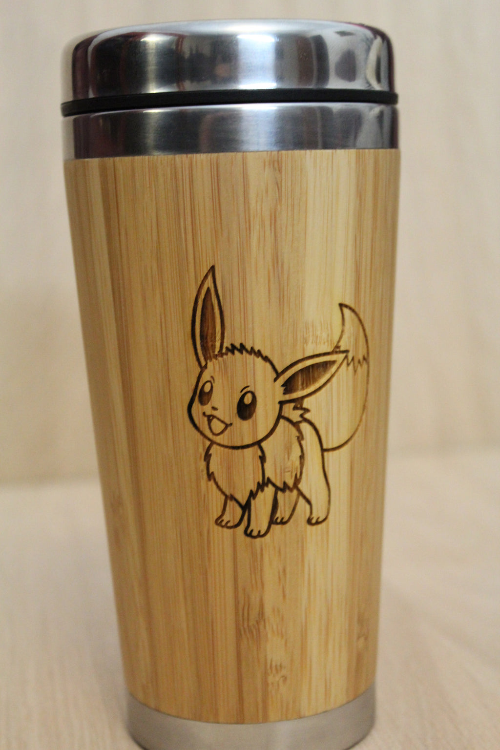 Lasercut Travel Mug personalised - S-Steel with 100% Bamboo exterior - Eevee