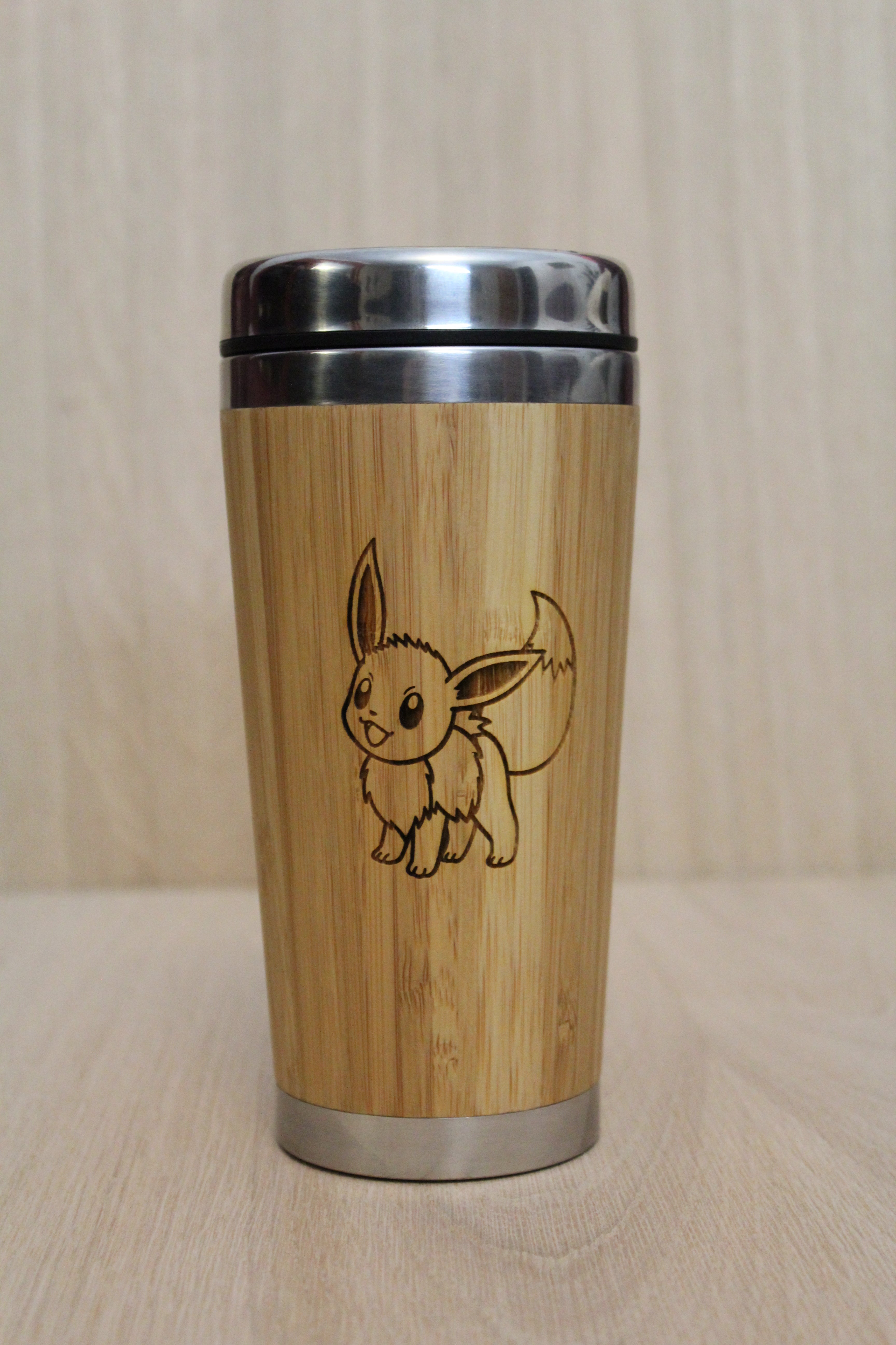 Lasercut Travel Mug personalised - S-Steel with 100% Bamboo exterior - Eevee