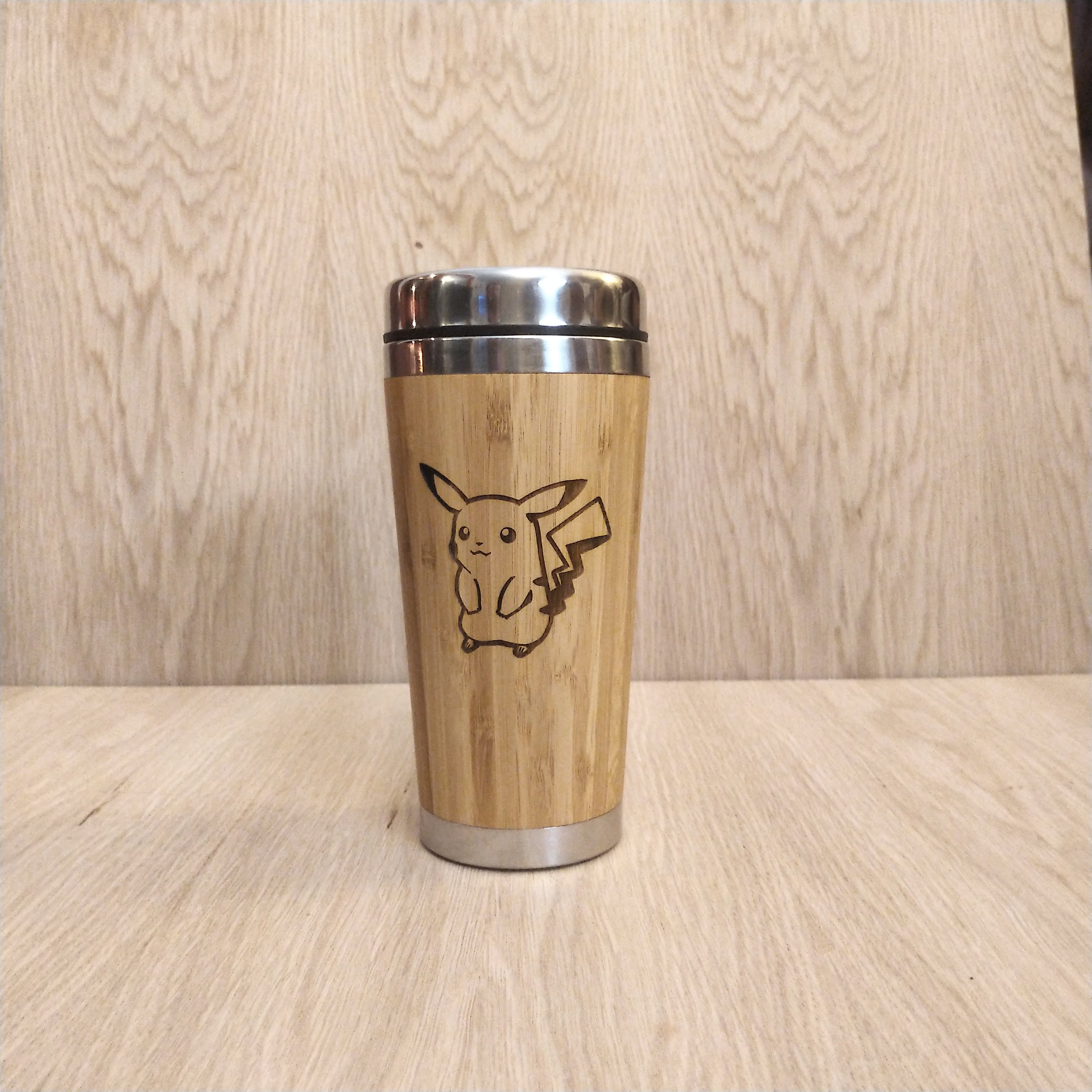 Lasercut Travel Mug   - S-Steel with 100% Bamboo exterior - pika