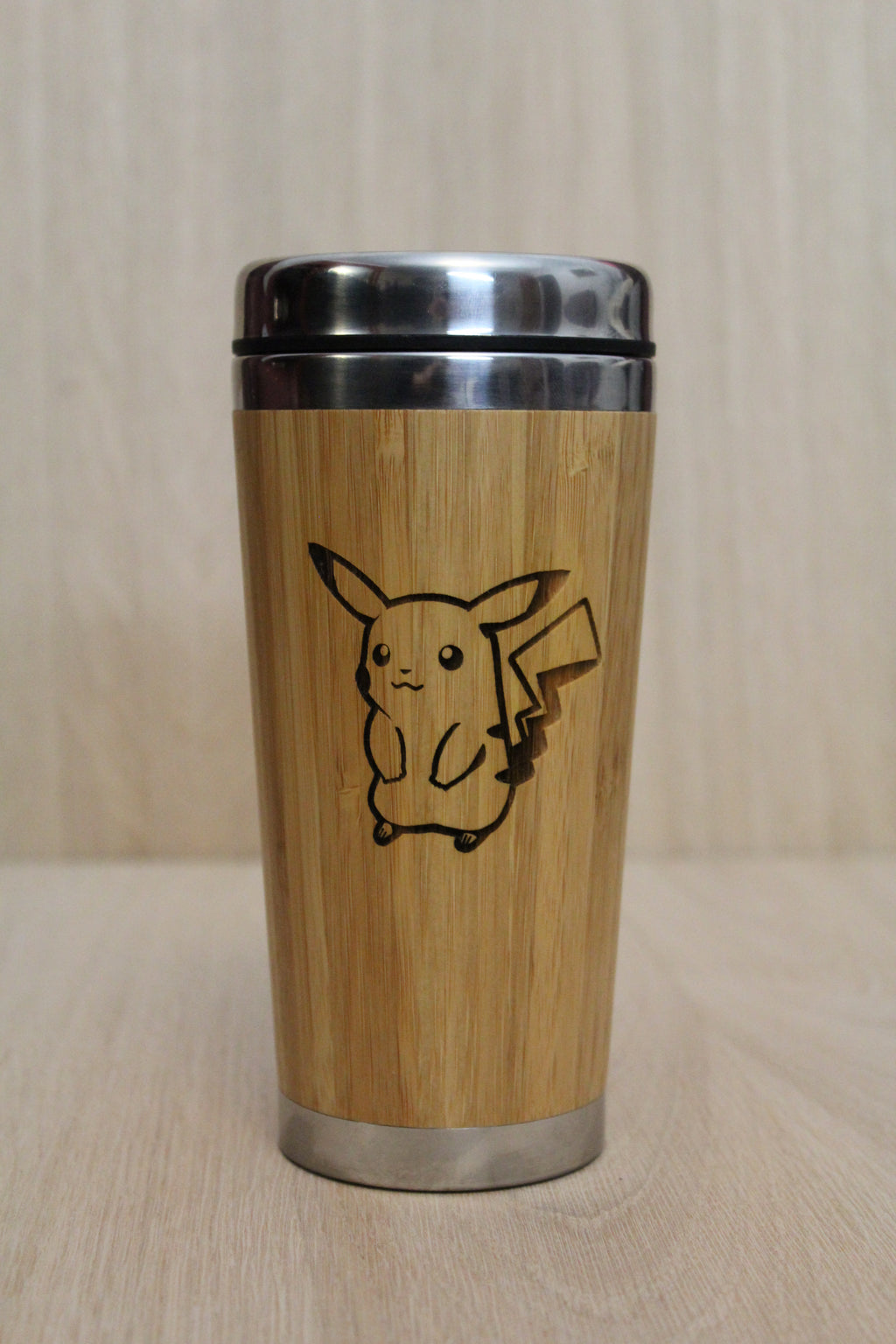Lasercut Travel Mug   - S-Steel with 100% Bamboo exterior - pika