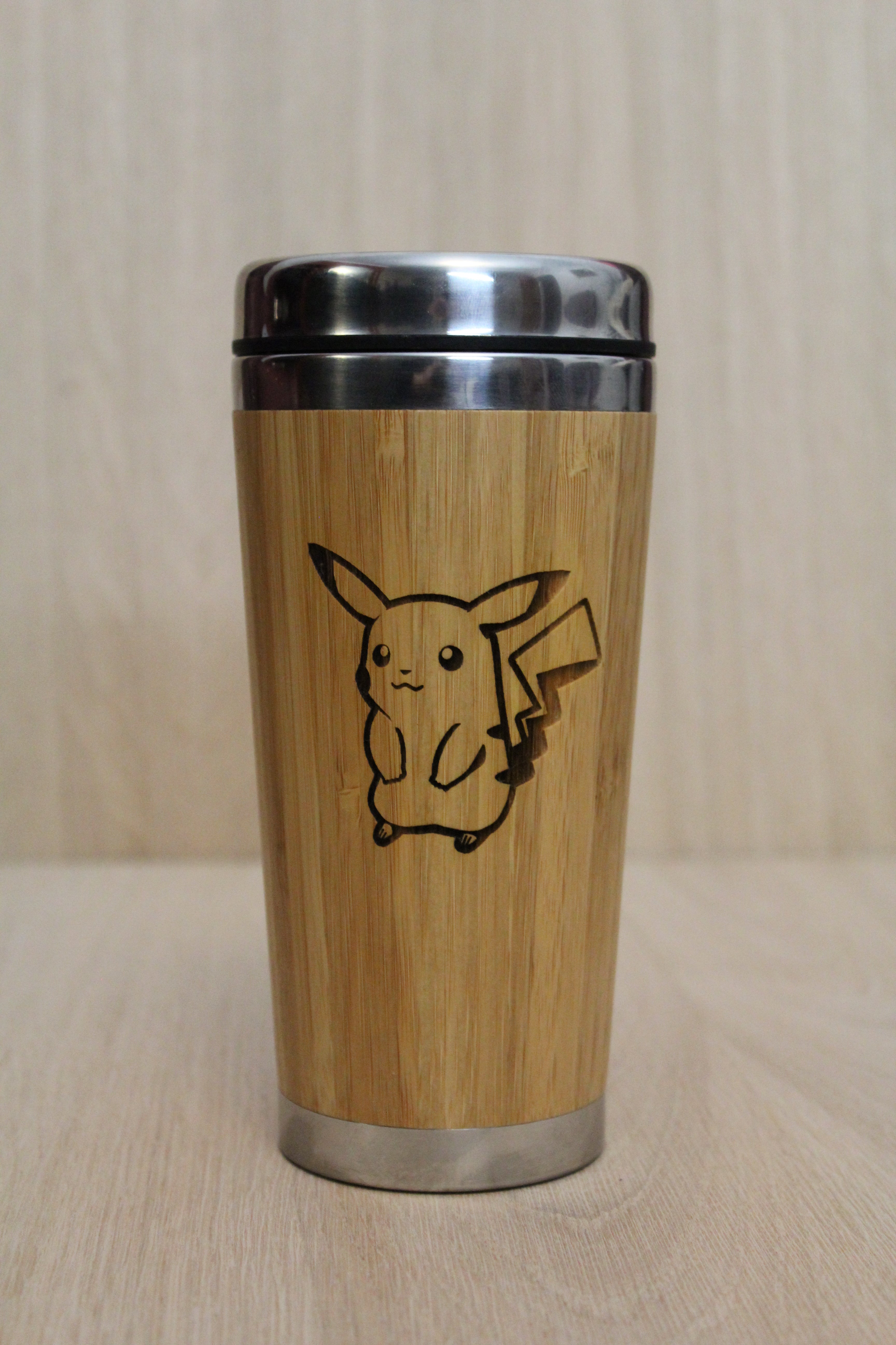 Lasercut Travel Mug   - S-Steel with 100% Bamboo exterior - pika