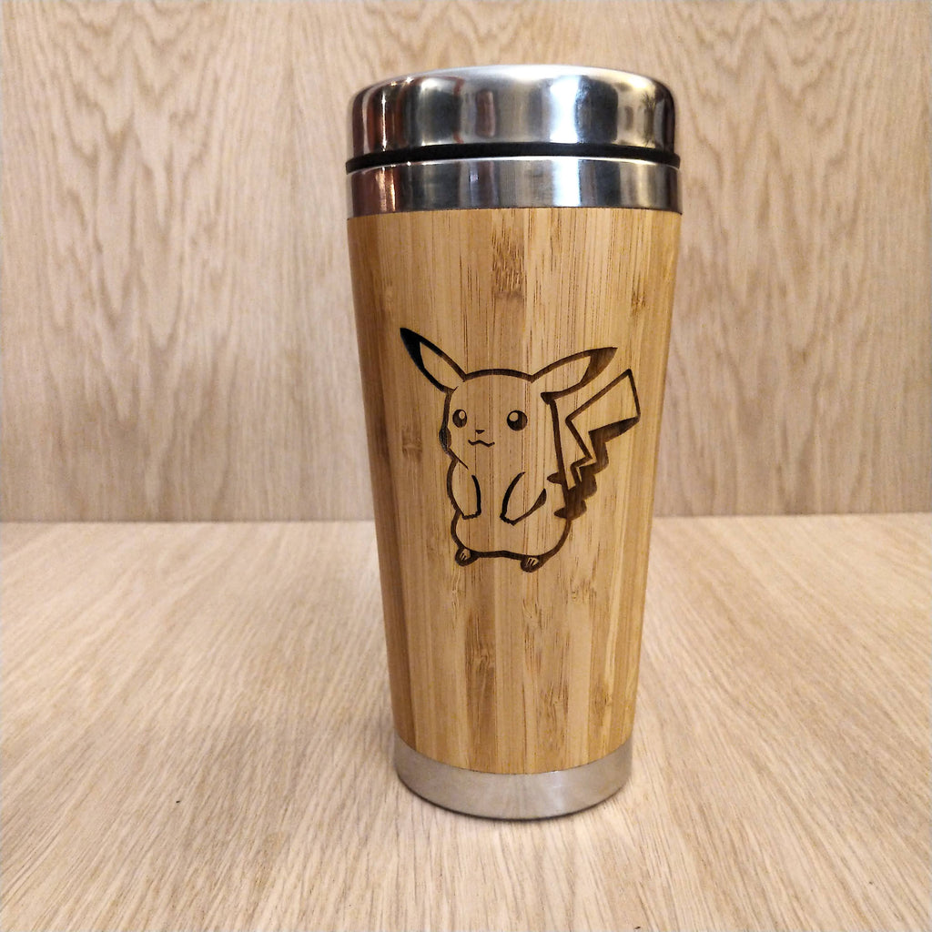 Lasercut Travel Mug   - S-Steel with 100% Bamboo exterior - pika