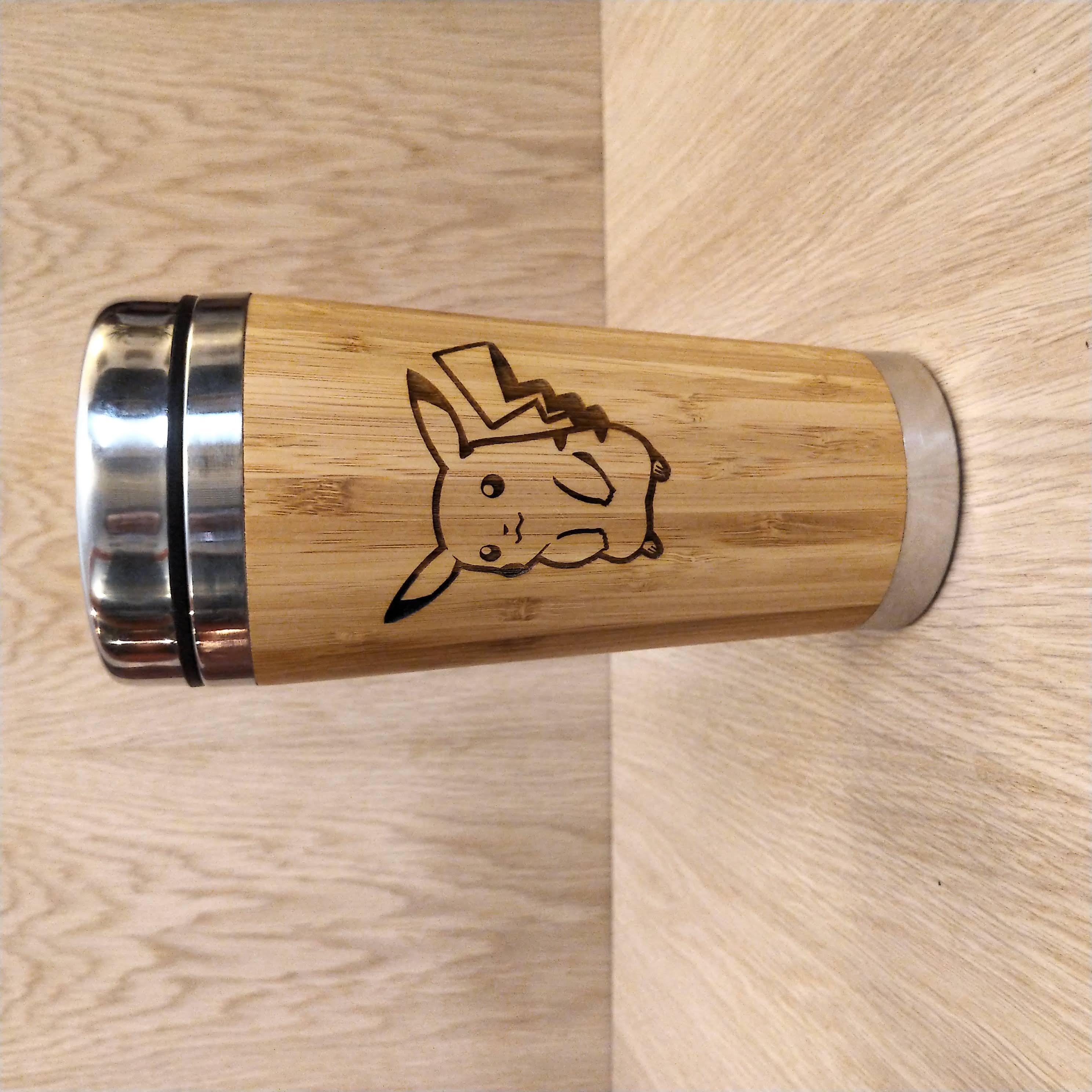 Lasercut Travel Mug   - S-Steel with 100% Bamboo exterior - pika