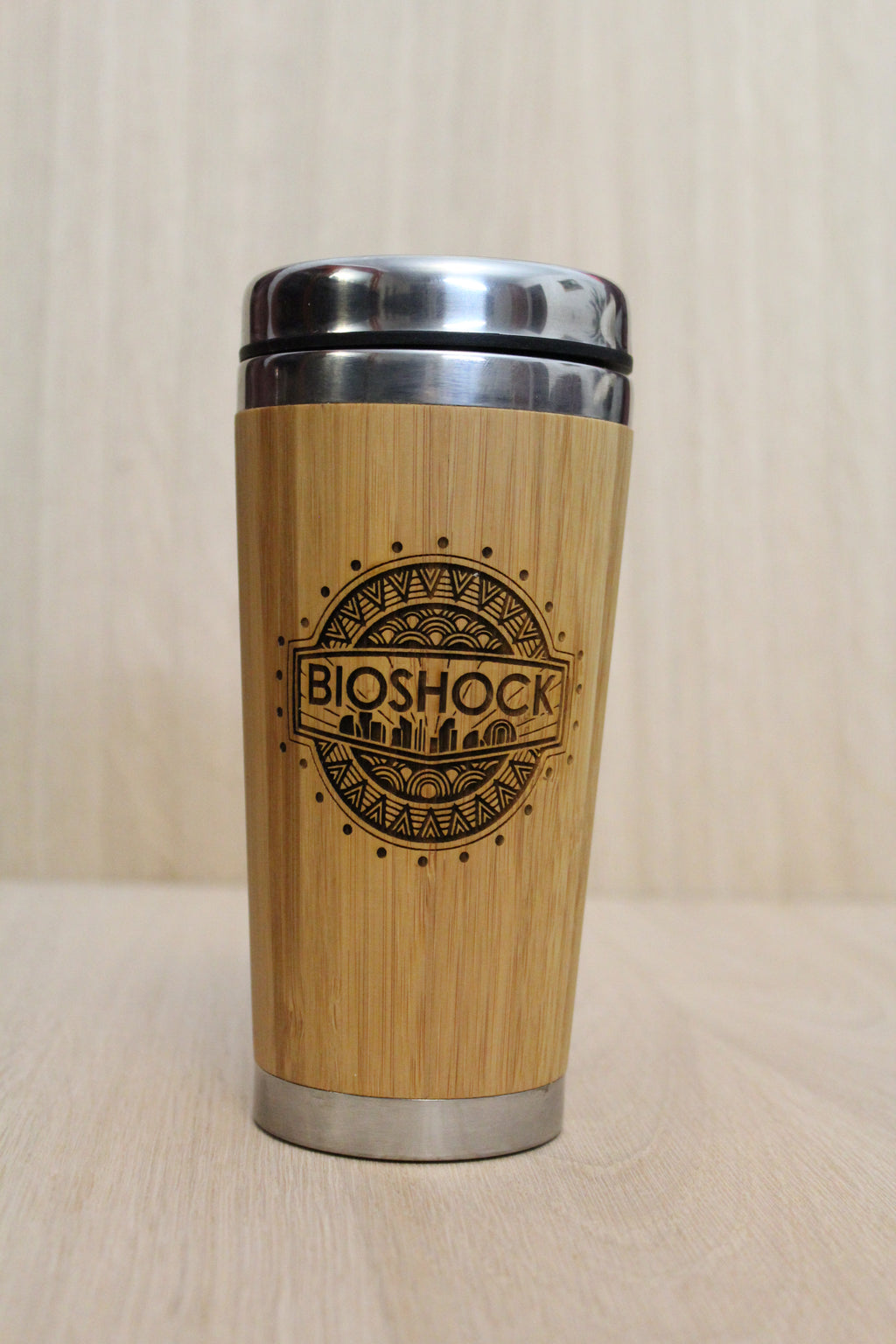 Lasercut Travel Mug   - S-Steel with 100% Bamboo exterior - Bioshock