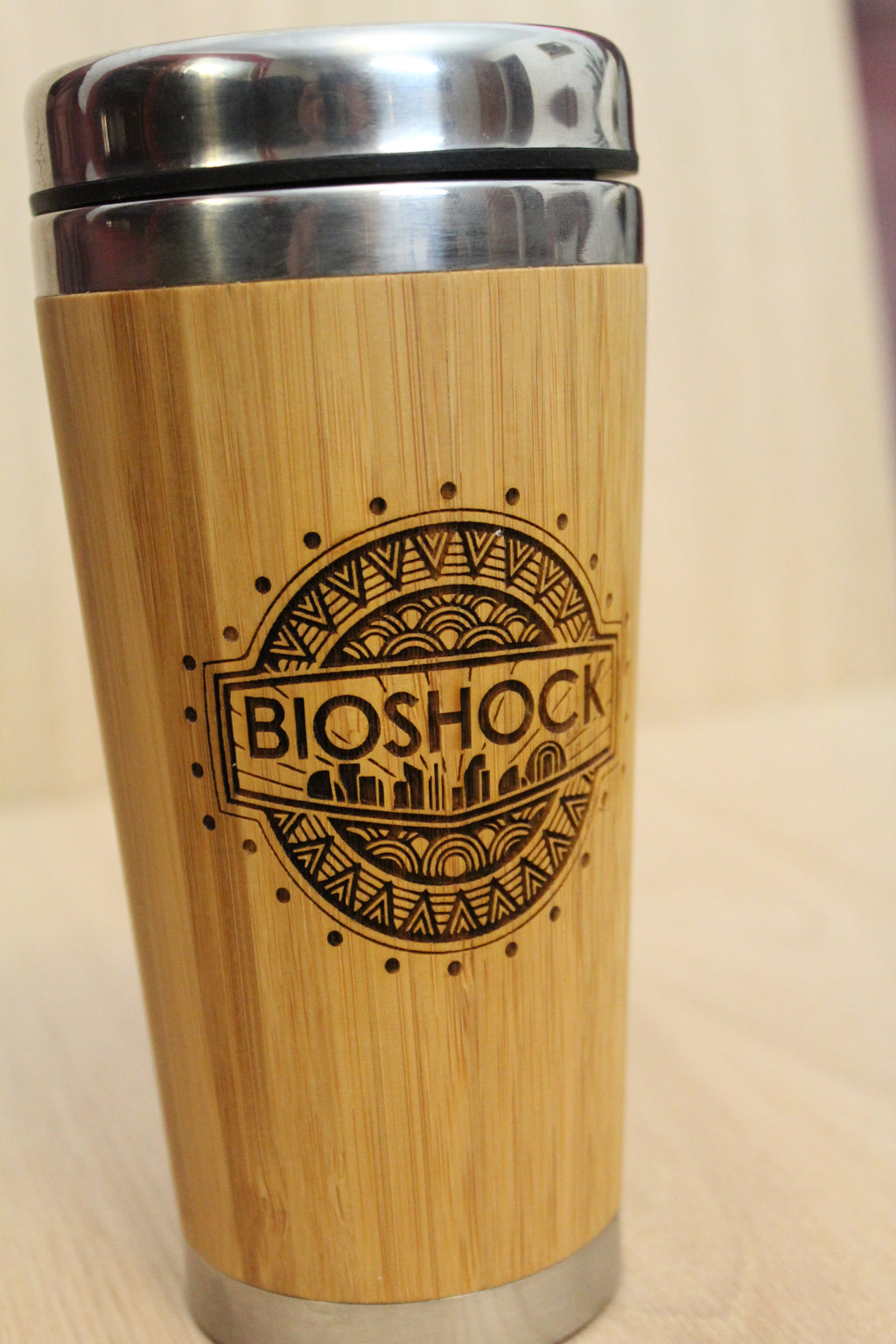 Lasercut Travel Mug   - S-Steel with 100% Bamboo exterior - Bioshock