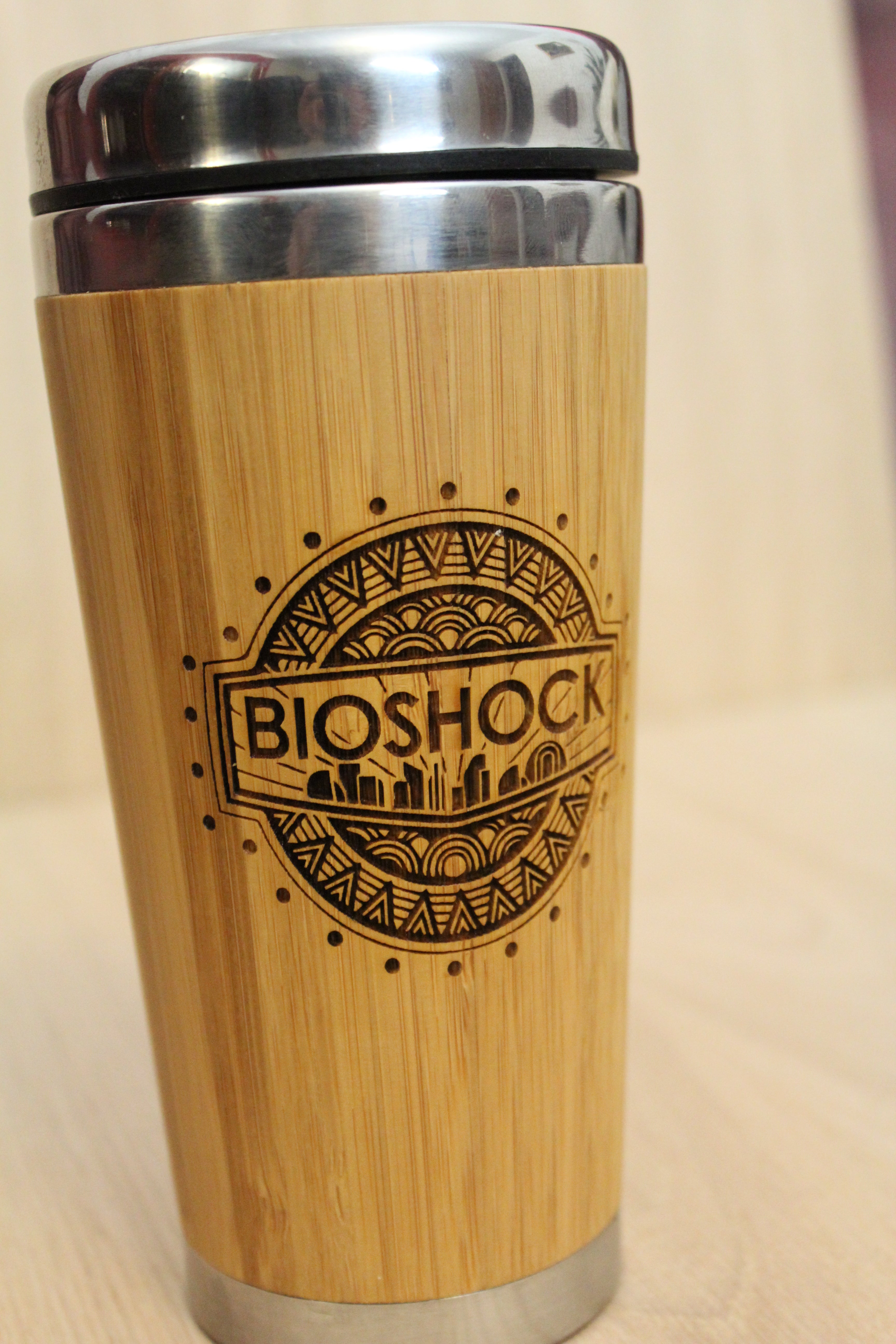Lasercut Travel Mug   - S-Steel with 100% Bamboo exterior - Bioshock