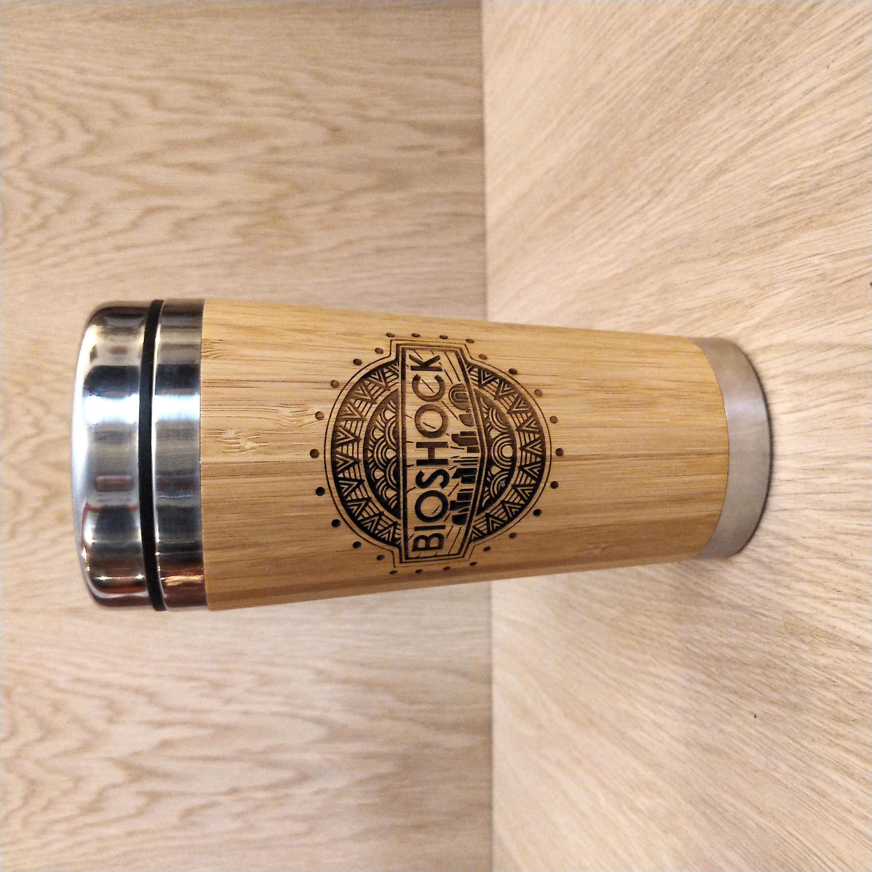 Lasercut Travel Mug   - S-Steel with 100% Bamboo exterior - Bioshock